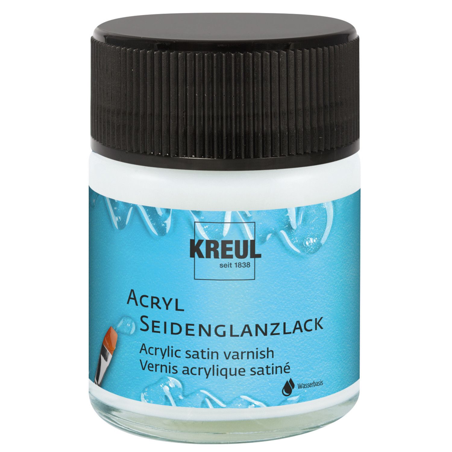 Acryl Seidenglanzlack transparent 50ml von KREUL, ideal für glänzende Oberflächen, in einer praktischen Dose mit schwarzem Deckel.