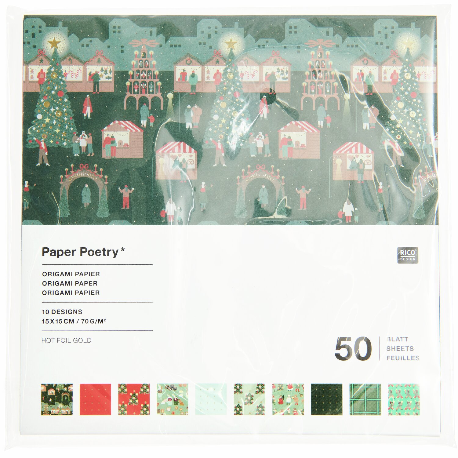 Paper Poetry Origami Weihnachtsmarkt zeigt ein festliches Design mit Weihnachtsbäumen und Marktständen. Enthält 50 Blatt, 15x15cm.