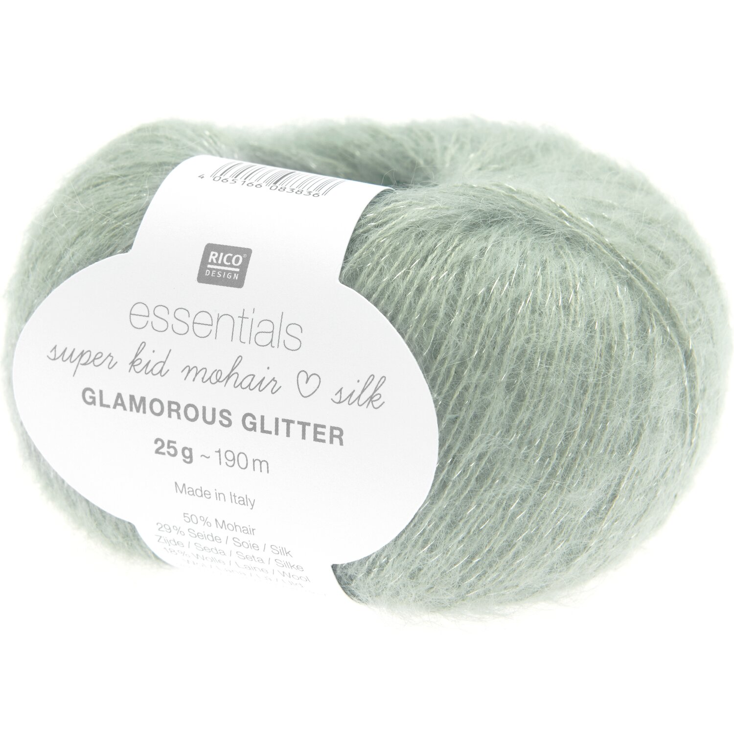 Essentials Super Kid Mohair Loves Silk Glamorous Glitter, hellgrünes Garn von Rico Design, 25g, 190m, ideal für elegante Strickprojekte.