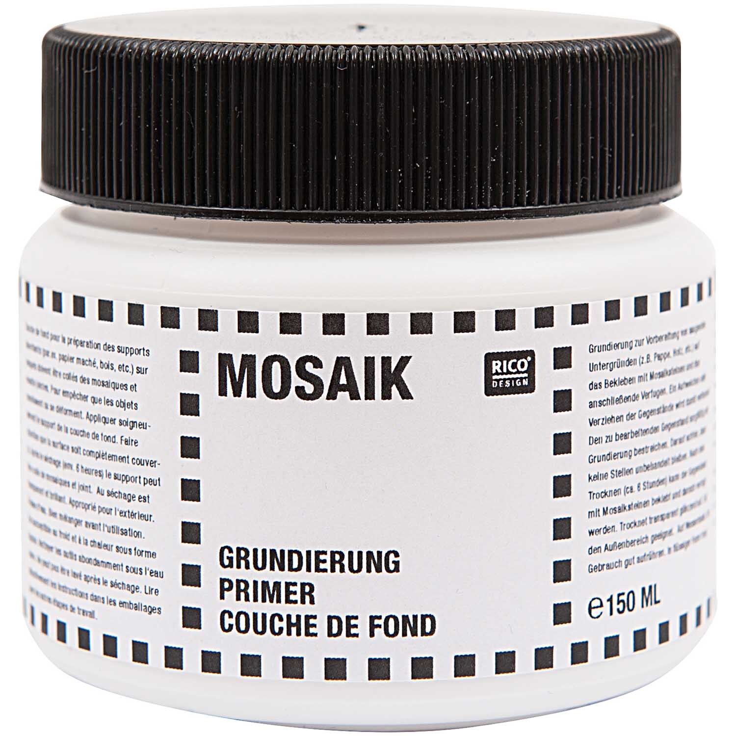 Mosaik Grundierung 150ml von Rico Design in einem weißen Behälter mit schwarzem Deckel, ideal für kreative Projekte.