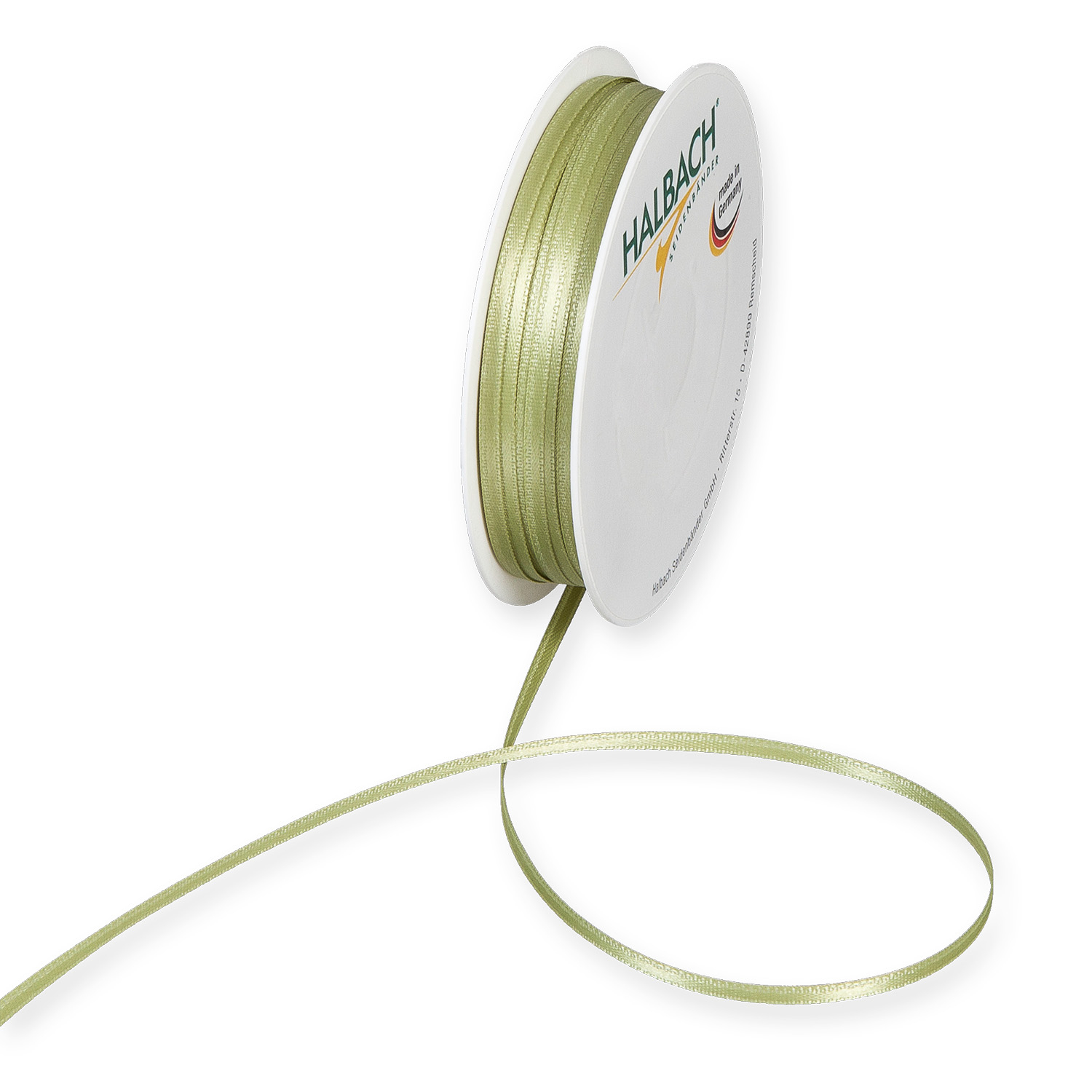 Satinband 3mm 10m, hellgrün, auf einer Rolle von Halbach. Ideal für Dekorationen und Bastelprojekte.