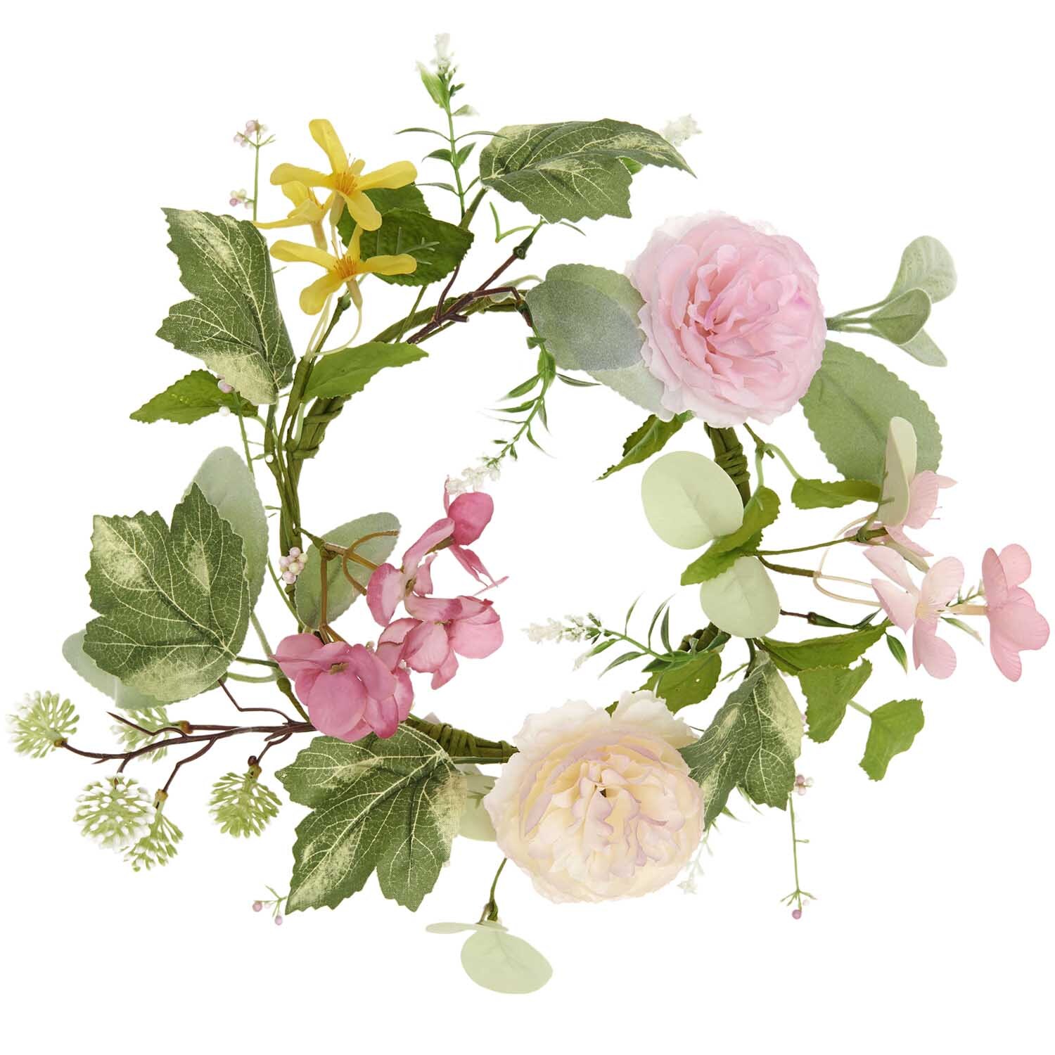 Blumenkranz Mix: Ein dekorativer Kranz aus künstlichen Blumen in Rosa und Gelb, Ø35cm, von Rico Design.