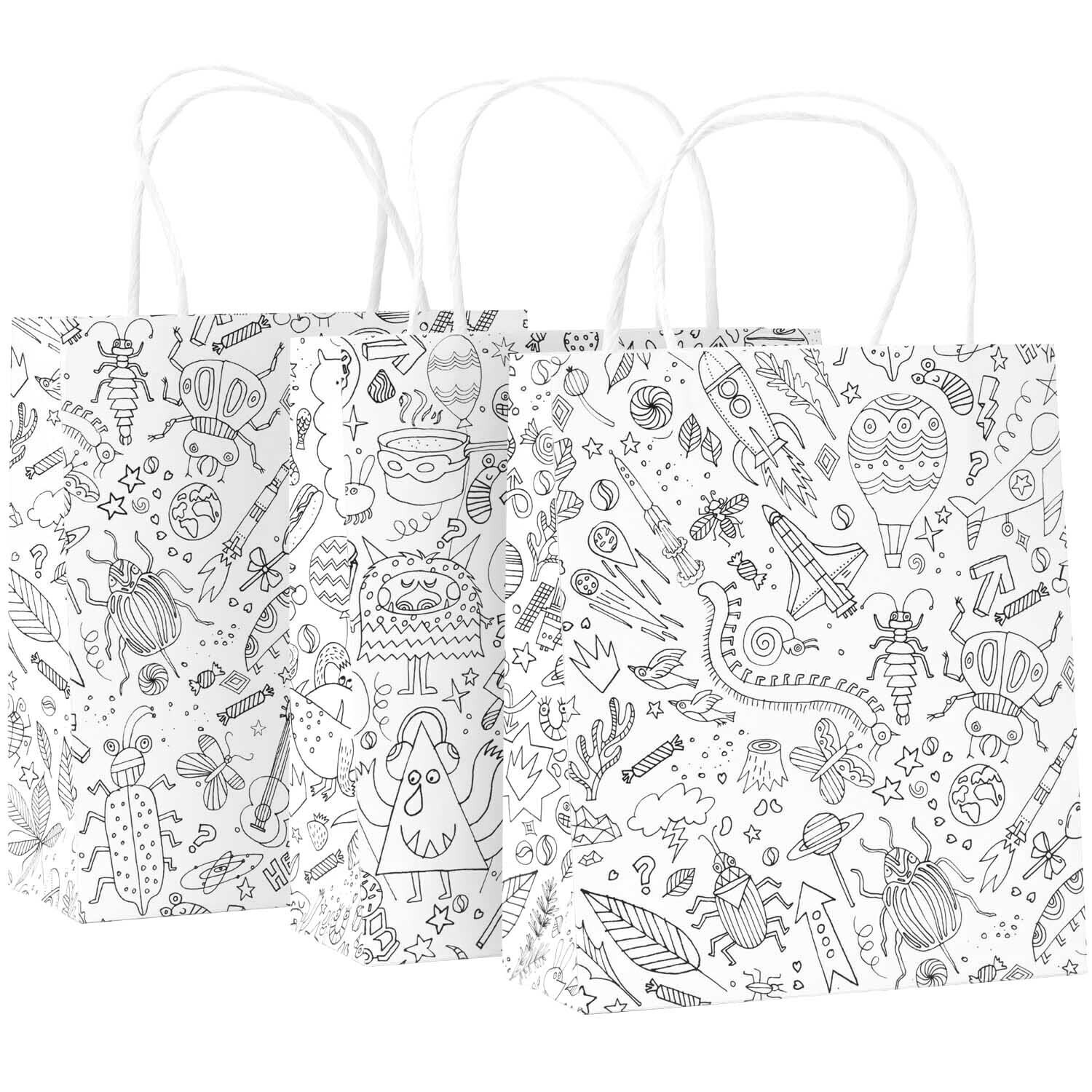 Paper Poetry Papiertüten zum Ausmalen, 3 Stück, mit fantasievollen Motiven und weißen Griffen, ideal für kreative Projekte von Rico Design.
