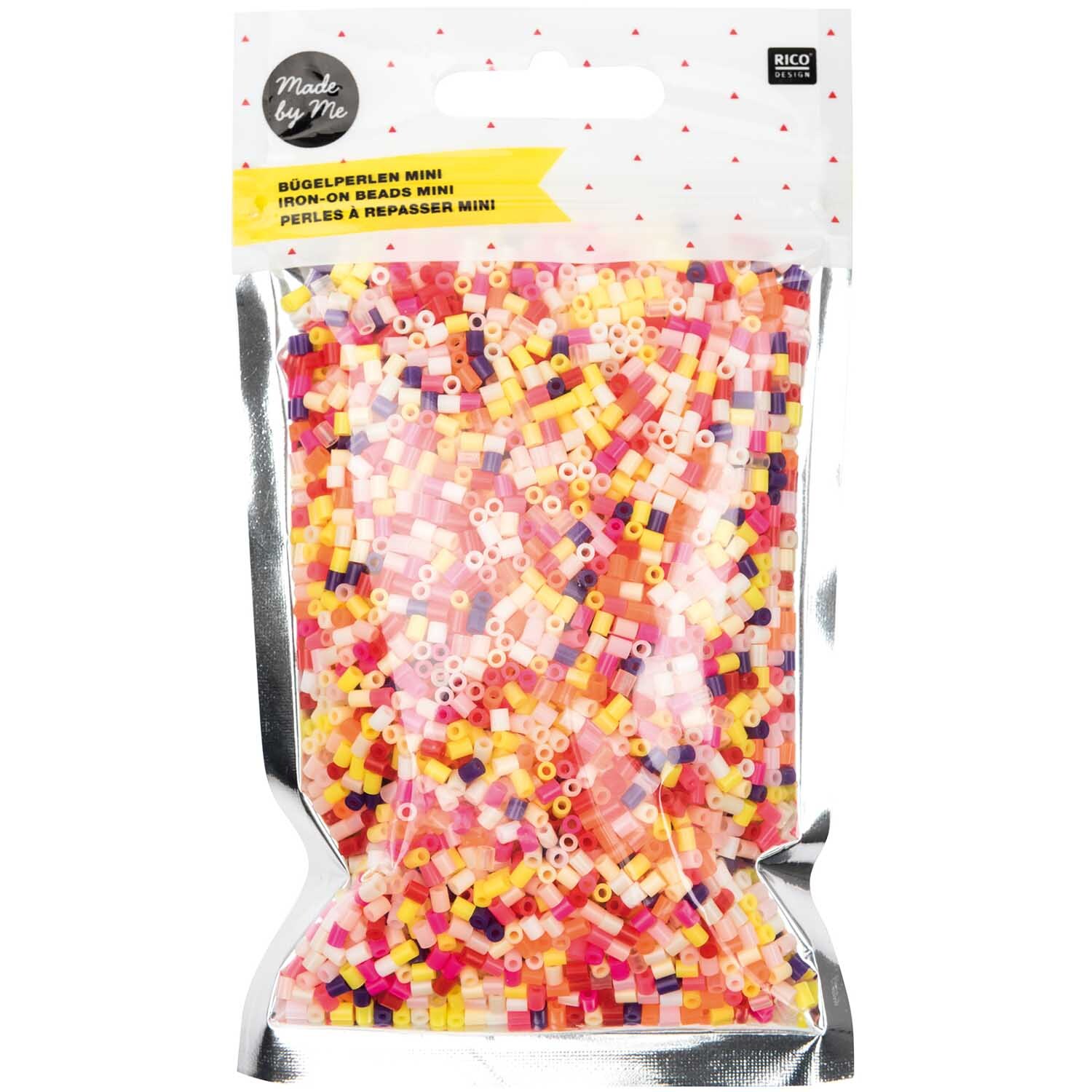 Mini-Bügelperlen Mix rosa 2,5mm von Rico Design in einer transparenten Verpackung mit bunten Perlen.