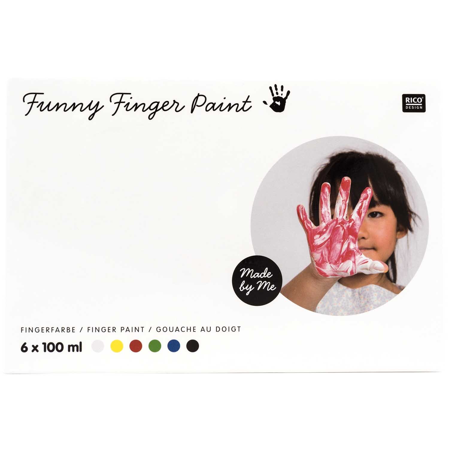 Fingerfarbe Set 6x100ml von Rico Design: Kind mit bemalter Hand zeigt die Vielseitigkeit der Farben. Ideal für kreative Projekte.