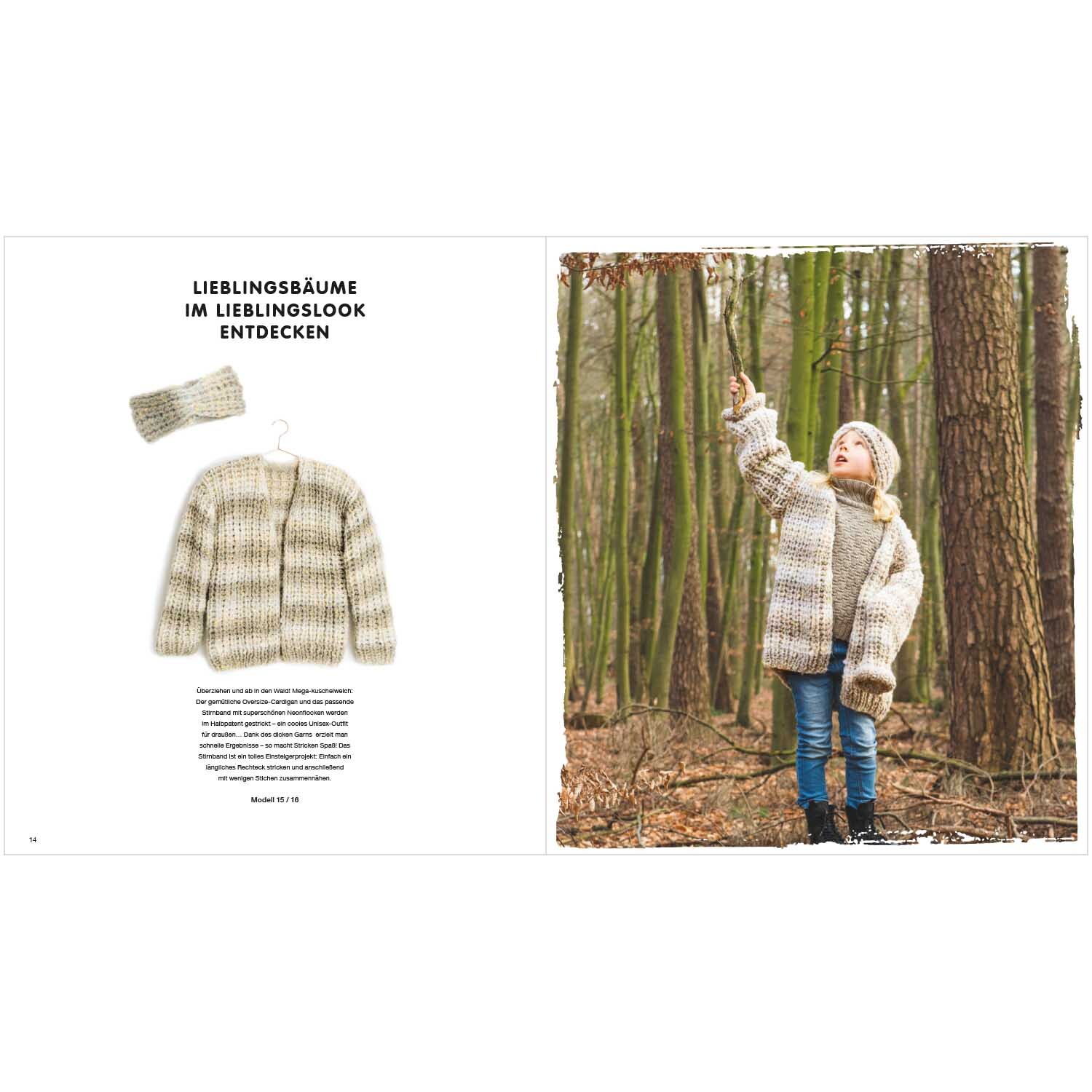 Kids Nr.8: Ein Kind im Wald trägt einen gestrickten, gestreiften Pullover von Rico Design.