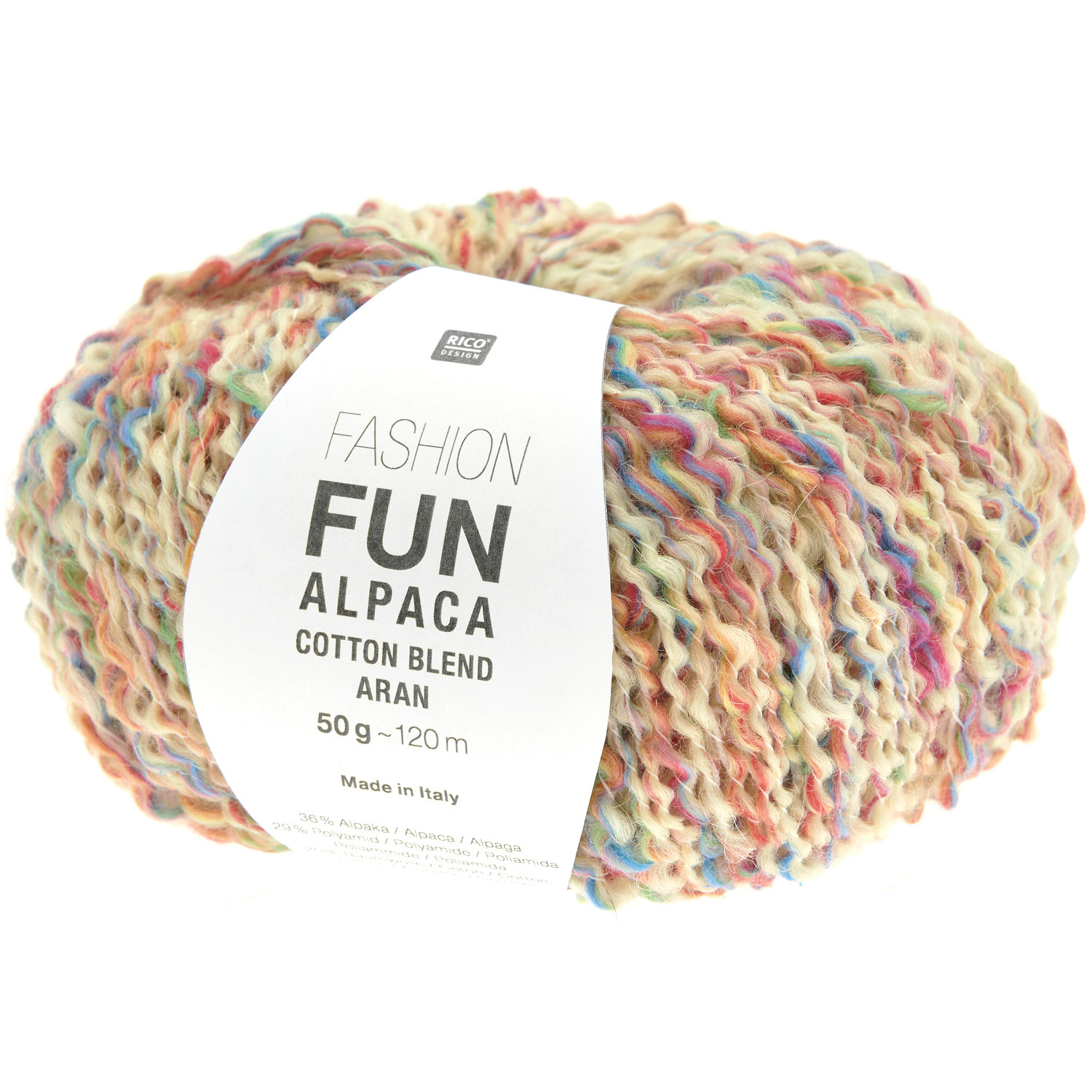 Rico Design Fun Alpaka Cotton Blend aran Strickset zeigt ein weiches, multicolores Garnknäuel. Ideal für kreative Strickprojekte.