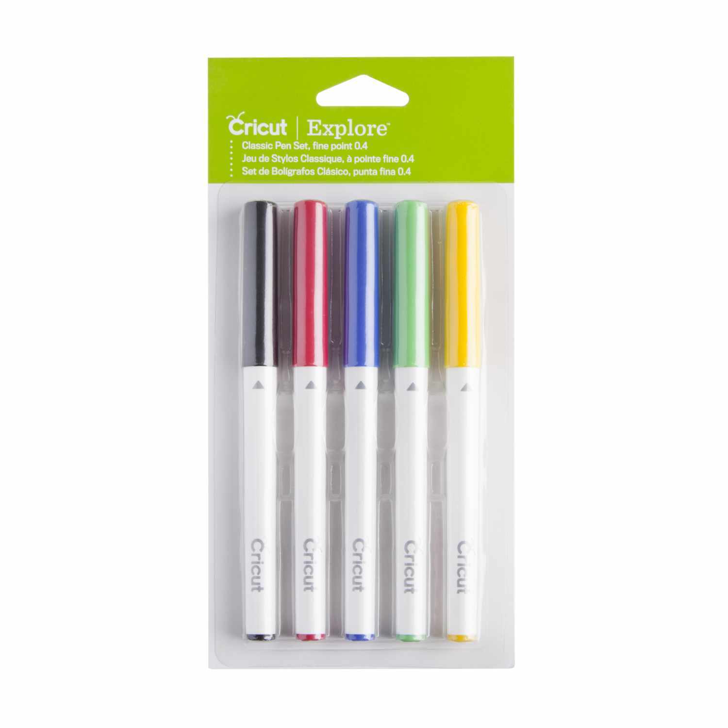 Fine Point Pen Stifteset Basic 0,4mm 5 Stück mit schwarzen, roten, blauen, grünen und gelben Stiften von Cricut in einer transparenten Verpackung.