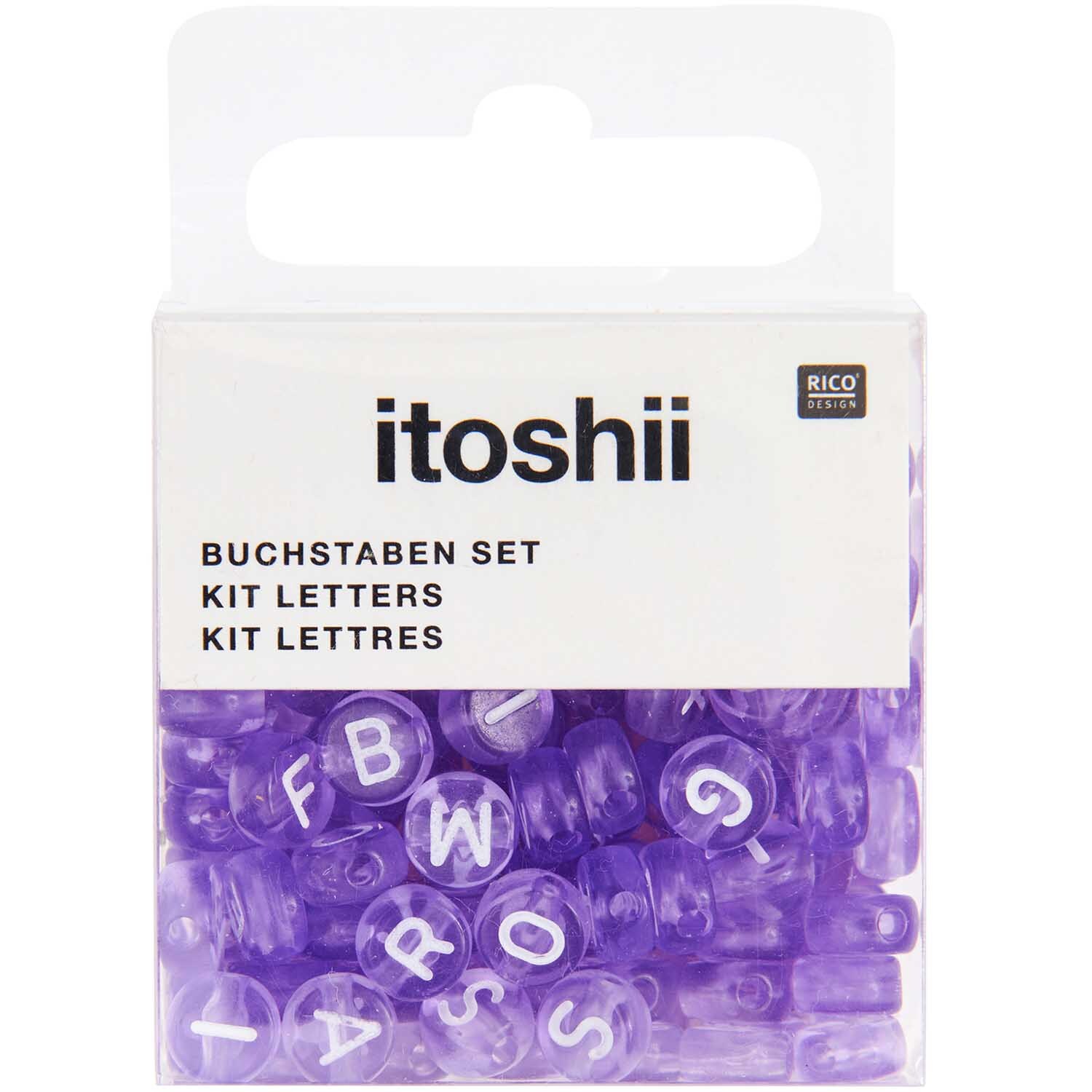 itoshii Perlen Buchstaben-Mix in Flieder, 165 Stück, von Rico Design. Transparentes Set mit weißen Buchstaben in einer Verpackung.