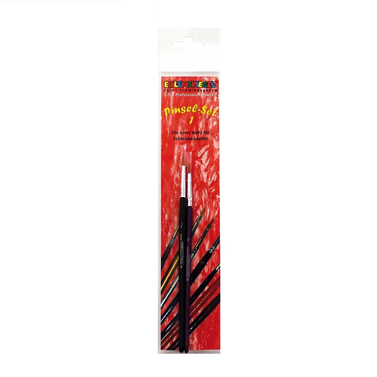 Schminkpinsel 2 Stück von Eulenspiegel, schwarz, in roter Verpackung mit buntem Design. Ideal für präzises Make-up.