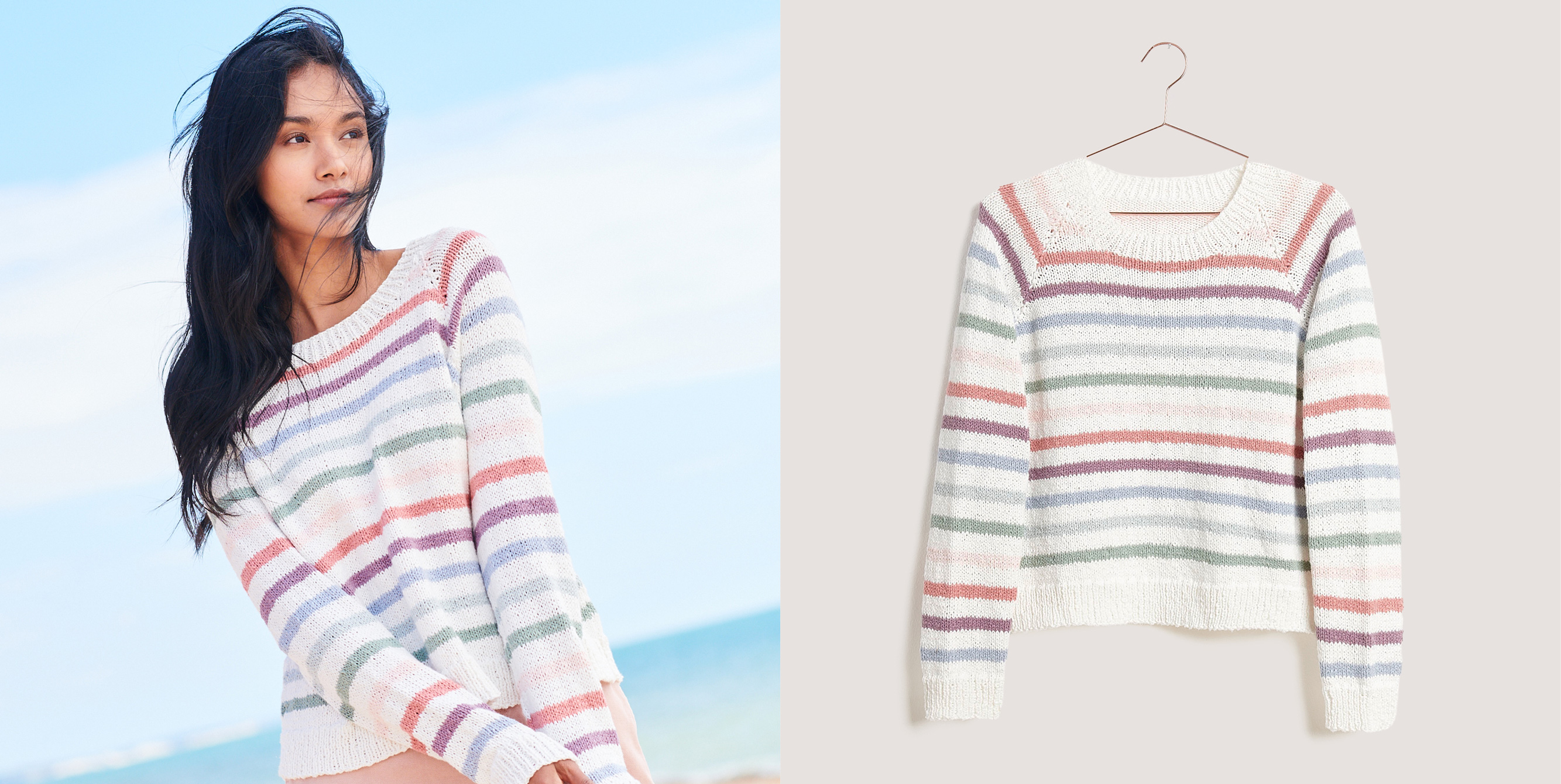 Gestrickter Pullover Modell 14 aus Lovewool No. 18 getragen am Model und auf einem Kleiderbügel
