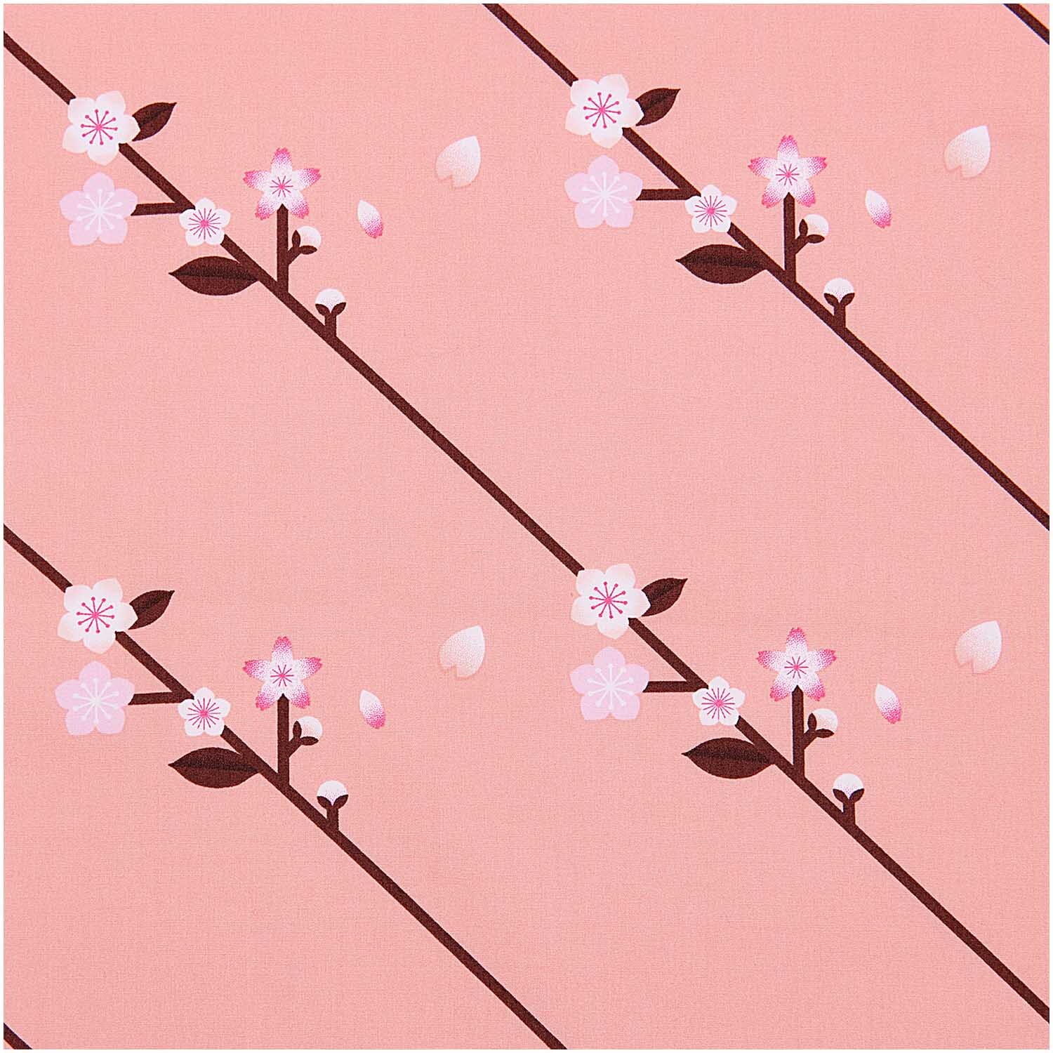 Stoffabschnitt Baumwoll-Popelin mit Sakura-Zweigen auf pfirsichfarbenem Hintergrund von Rico Design.