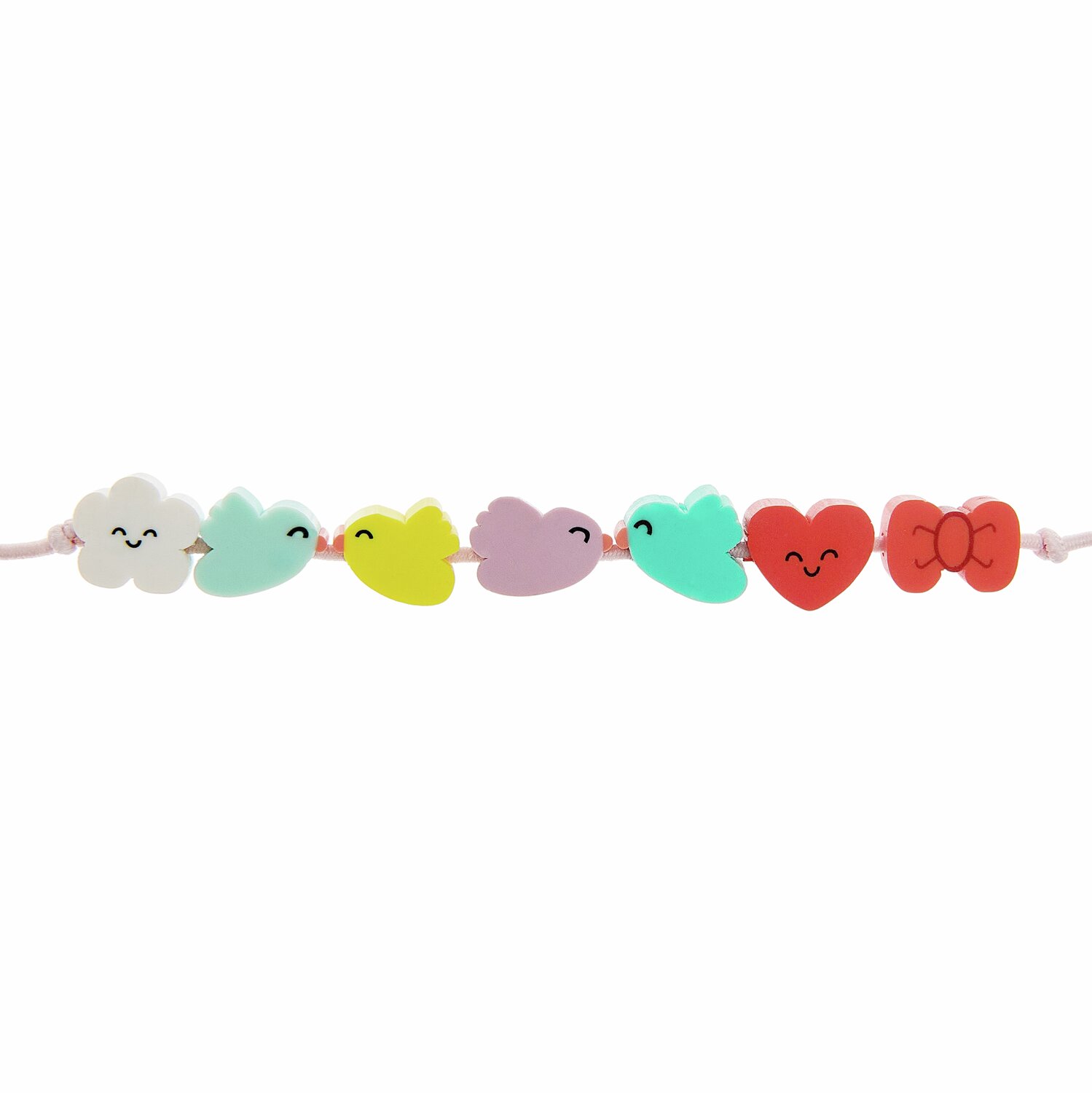 Perlen Chingu Sky Mix, 30-teilig: Bunte Perlen in Wolken- und Herzform auf rosa Band, ideal für DIY-Schmuck.