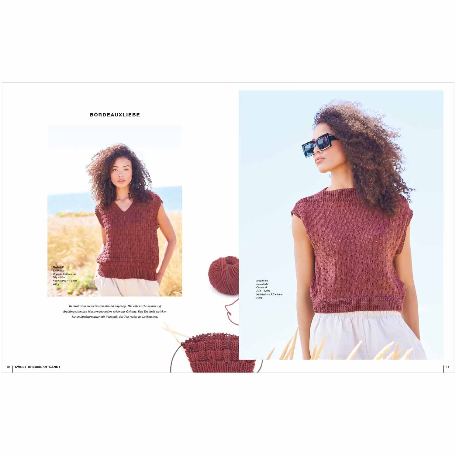 Lovewool Nr.16 Handstrickmagazin Frühjahr-Sommer zeigt ein ärmelloses, bordeauxfarbenes Stricktop von Rico Design, getragen von einer Frau am Strand.
