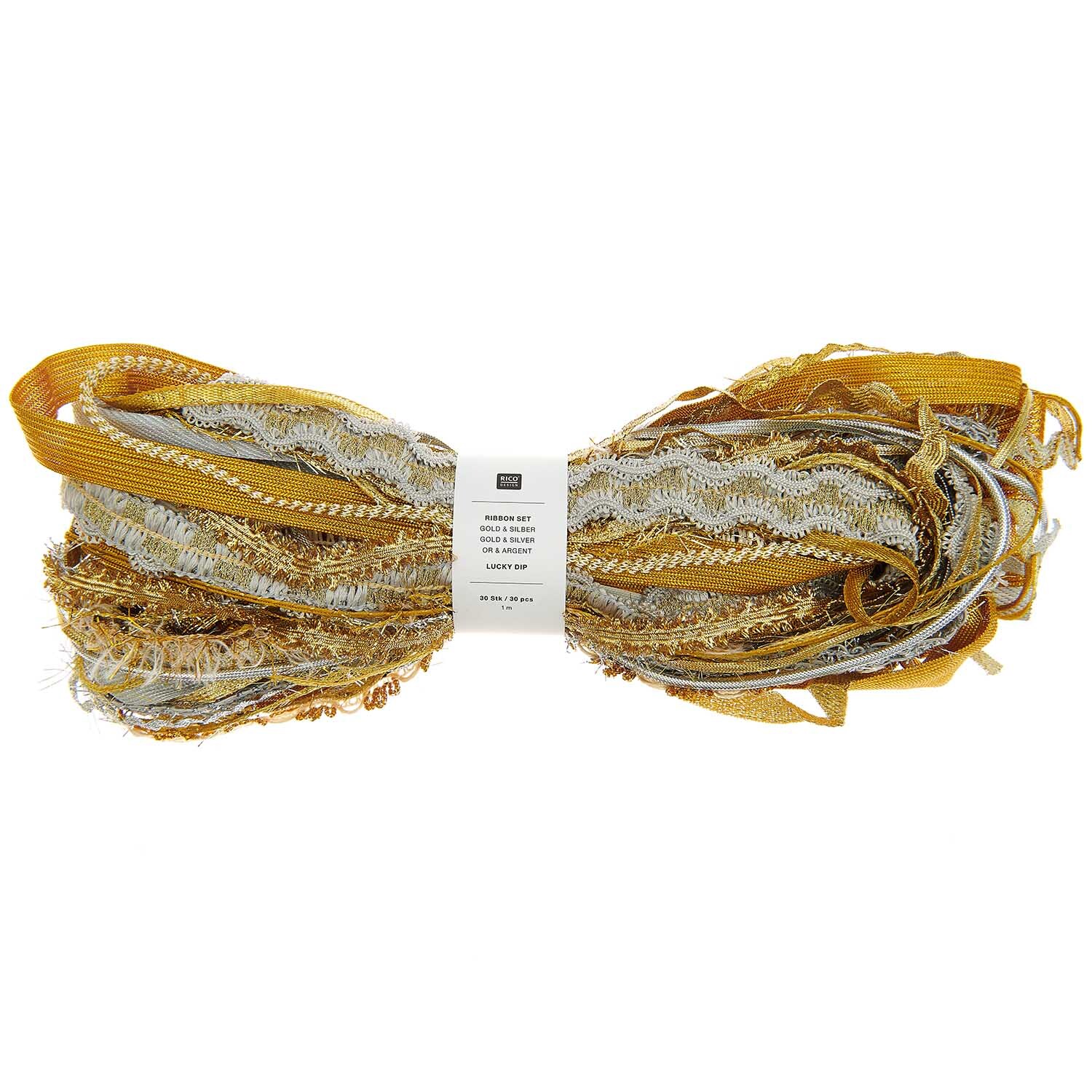 Ribbon Set Lucky Dip 30teilig von Rico Design: Ein Bündel aus goldenen und silbernen Bändern, ideal für kreative Bastelprojekte.