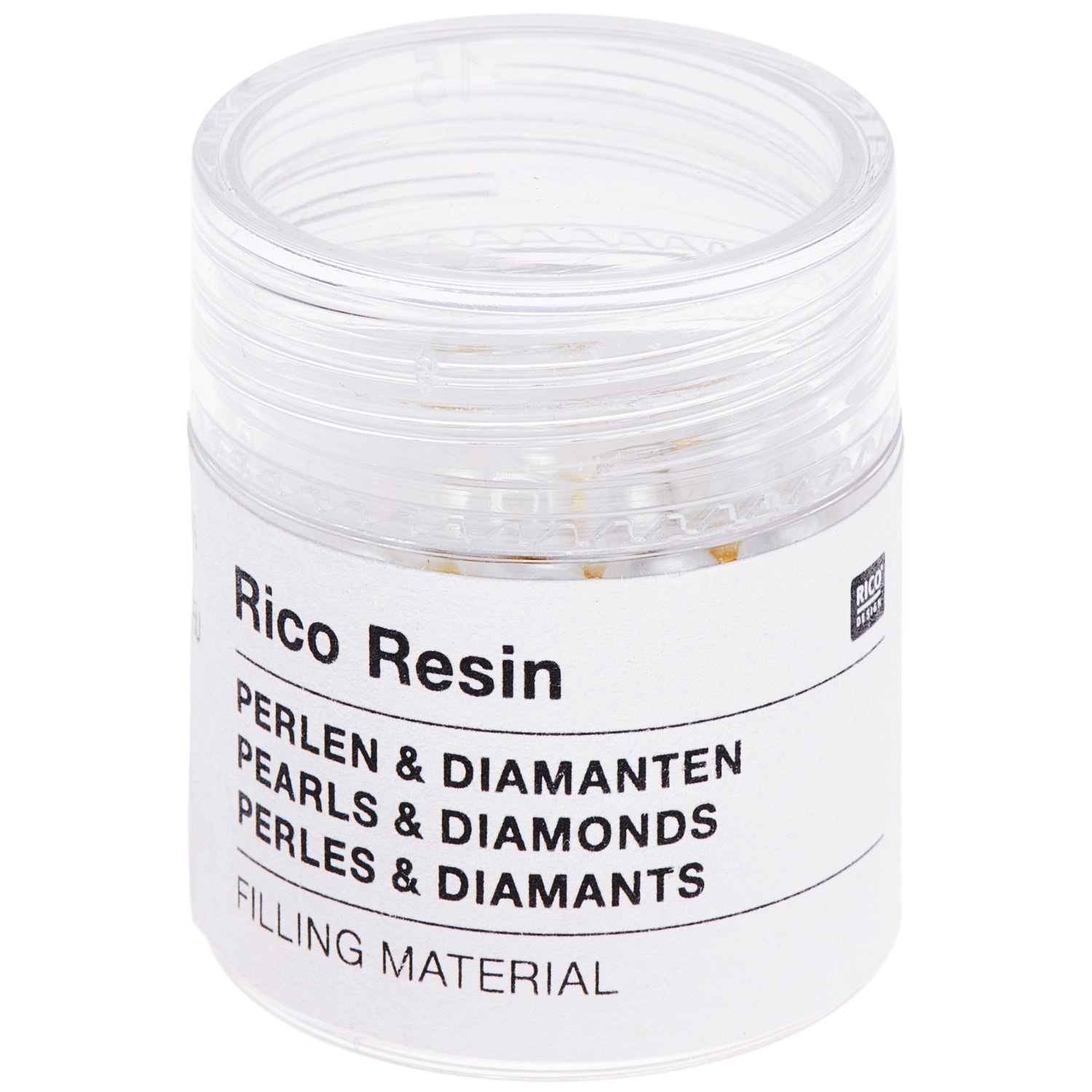 Füllmaterial für Resin Perlen in einem transparenten Behälter von Rico Design, goldene Kügelchen, 13,5g.