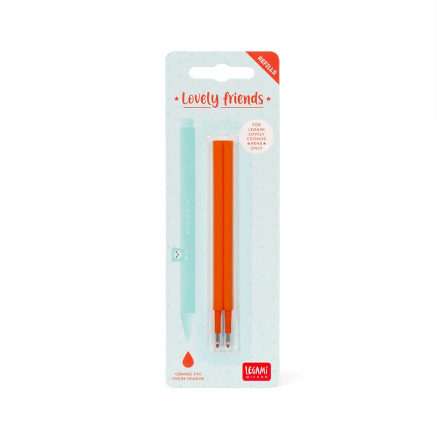 Ersatzminen für Lovely Friends Gelstifte, 2 Stück, in Orange von Legami, auf weißem Hintergrund.