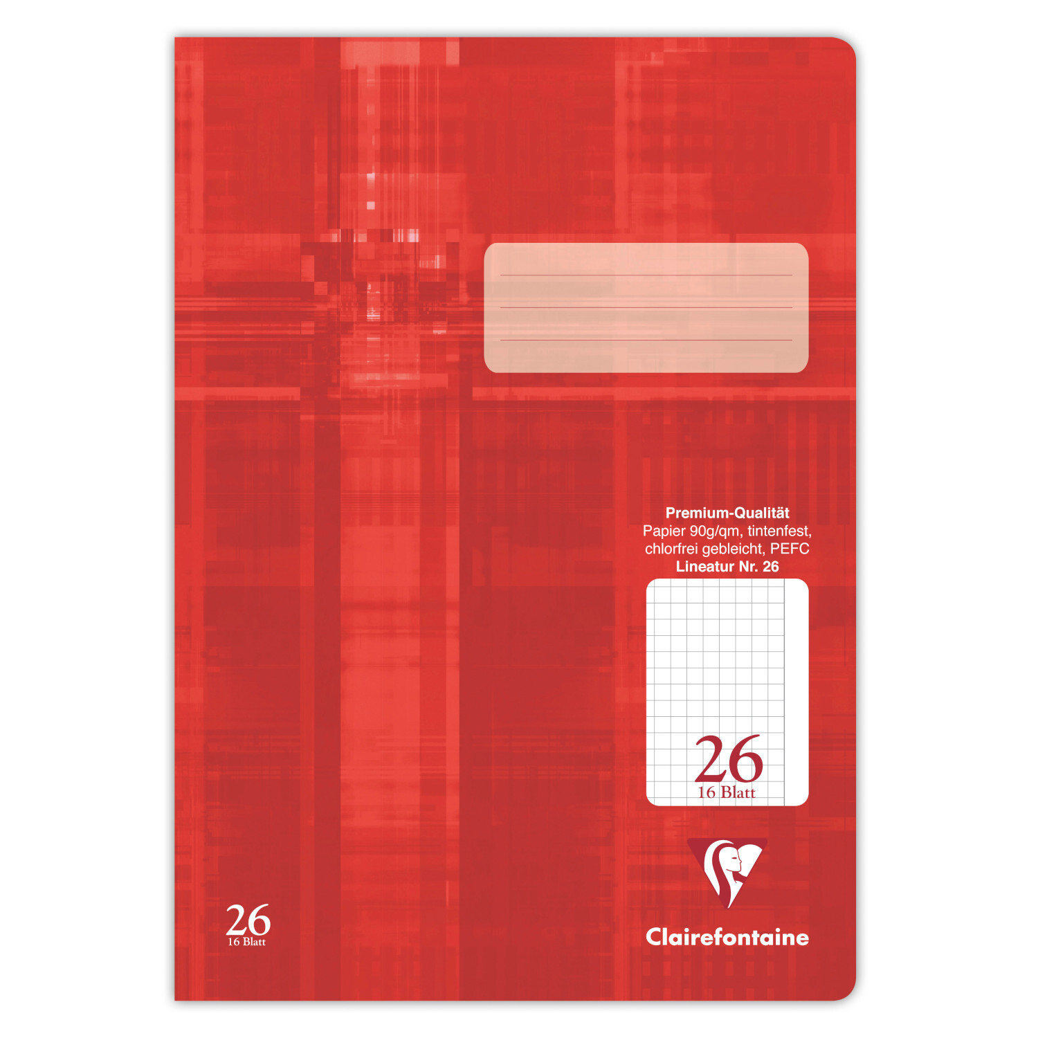 Schulhefter Rot A4 kariert mit Rand, 16 Blatt, Clairefontaine, 90g/m², zeigt ein rotes Design mit Etikett.