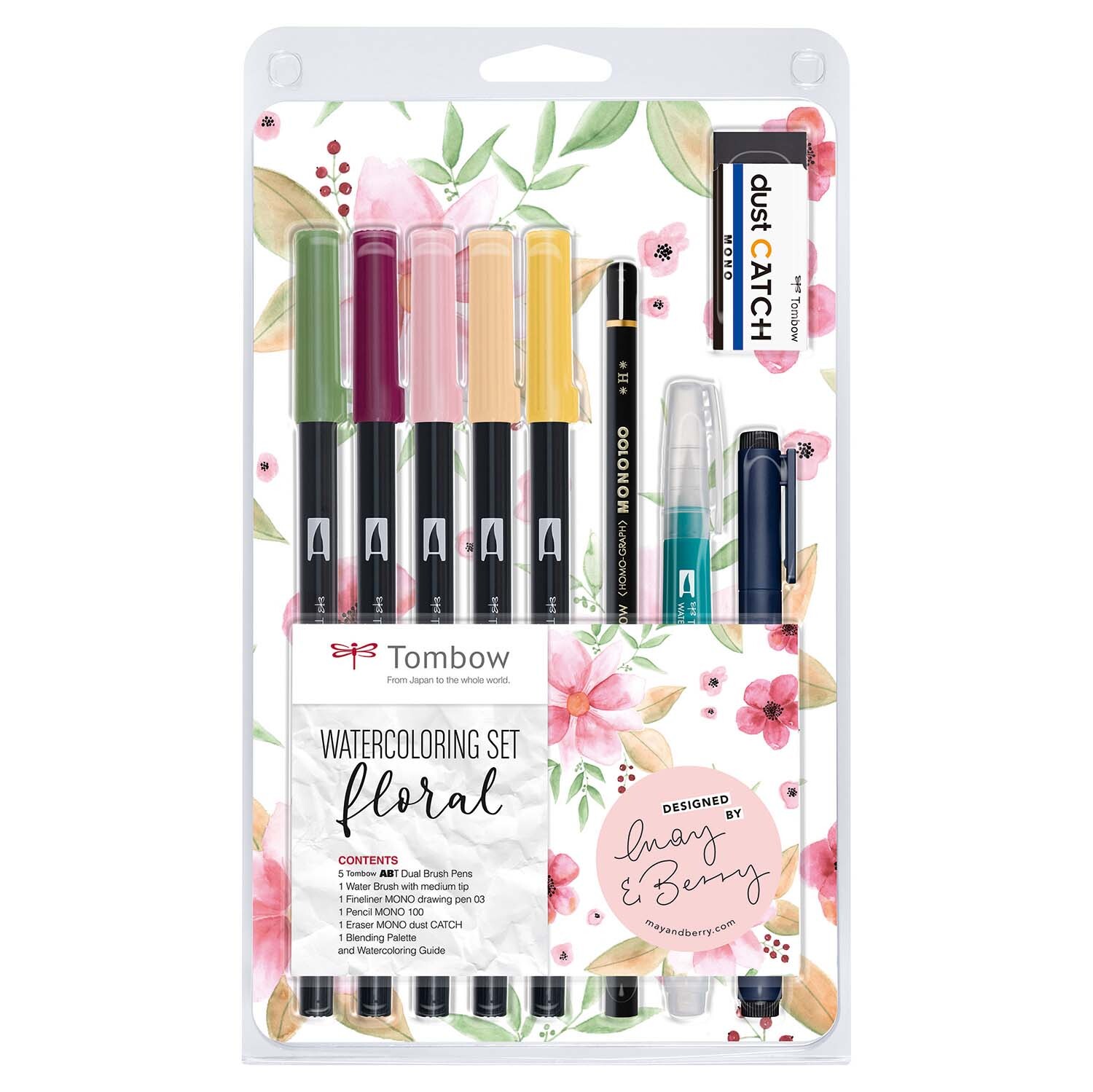Tombow Watercoloring Set Floral mit mehrfarbigen Stiften und Zubehör, gestaltet von May&Berry, auf floralem Hintergrund.