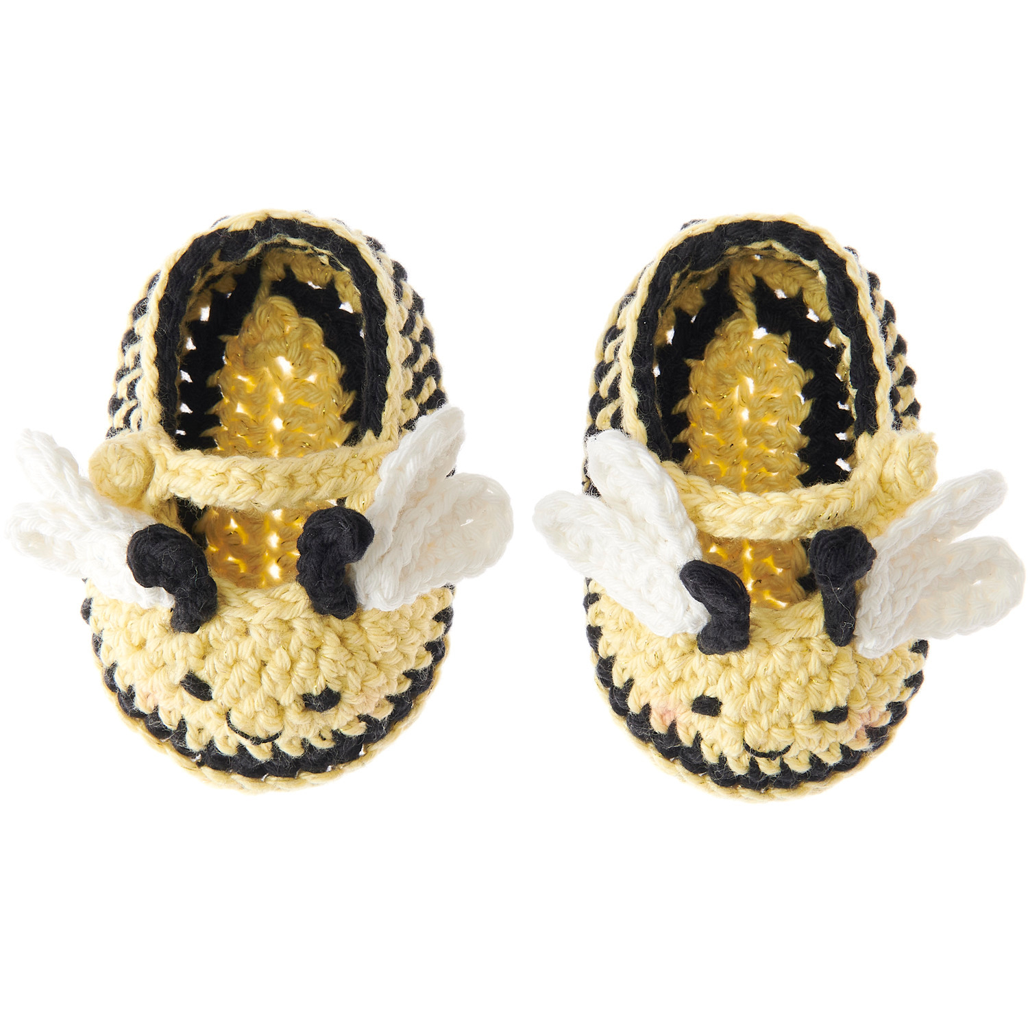 Ricorumi Häkelset Baby Booties Biene: Gelbe, bienenförmige Babyschuhe von Rico Design mit schwarzen Streifen und Flügeln.