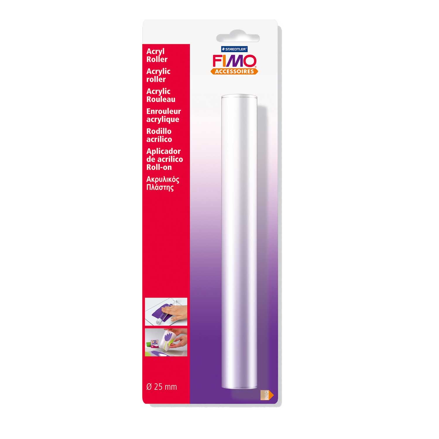 FIMO Acryl Roller von Staedtler in einer Verpackung mit rotem und violettem Design, ideal zum Modellieren.