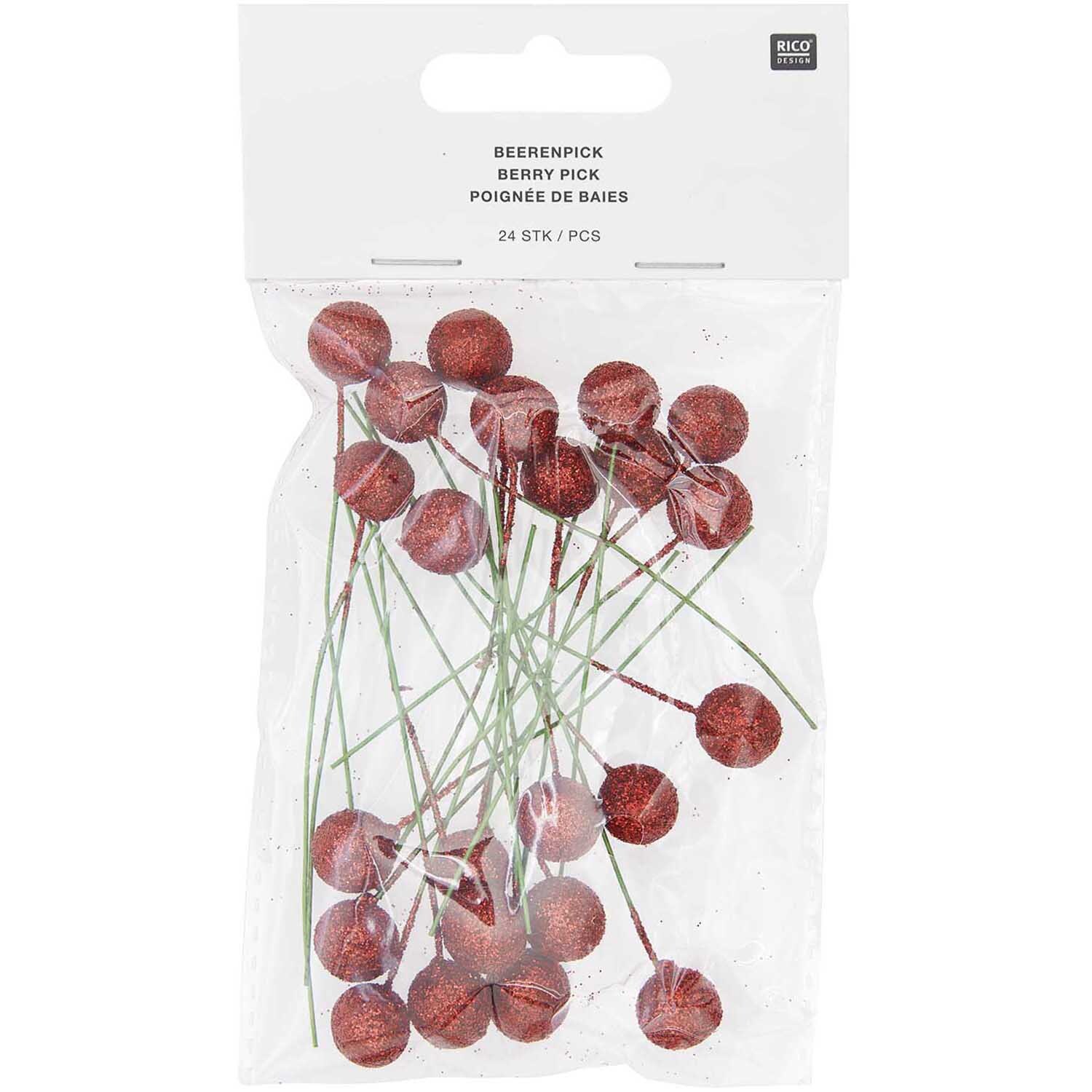 Beerenpick mit Glitzer 8,5x8,5cm 24 Stück Farbe Rot von Rico Design