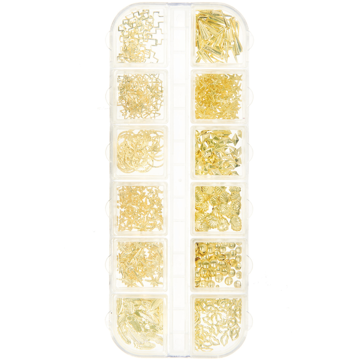 Füllmaterial für Resin Formen Mix Gold: Verschiedene goldene Dekoelemente in einer transparenten Box von Rico Design, ideal für kreative Projekte.