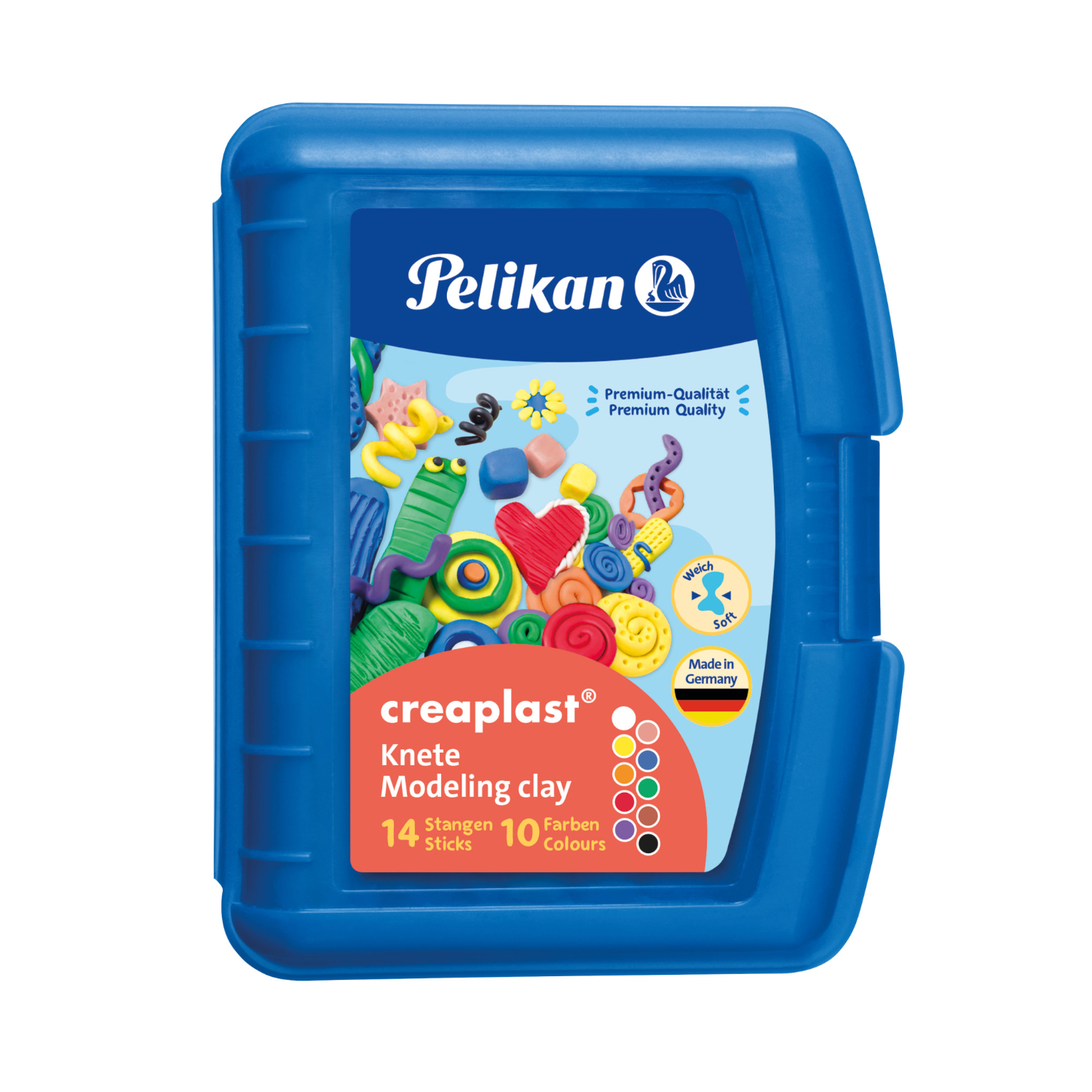 Creaplast Knete blaue Box mit 14 Stangen in 10 Farben von Pelikan, ideal für kreatives Modellieren.