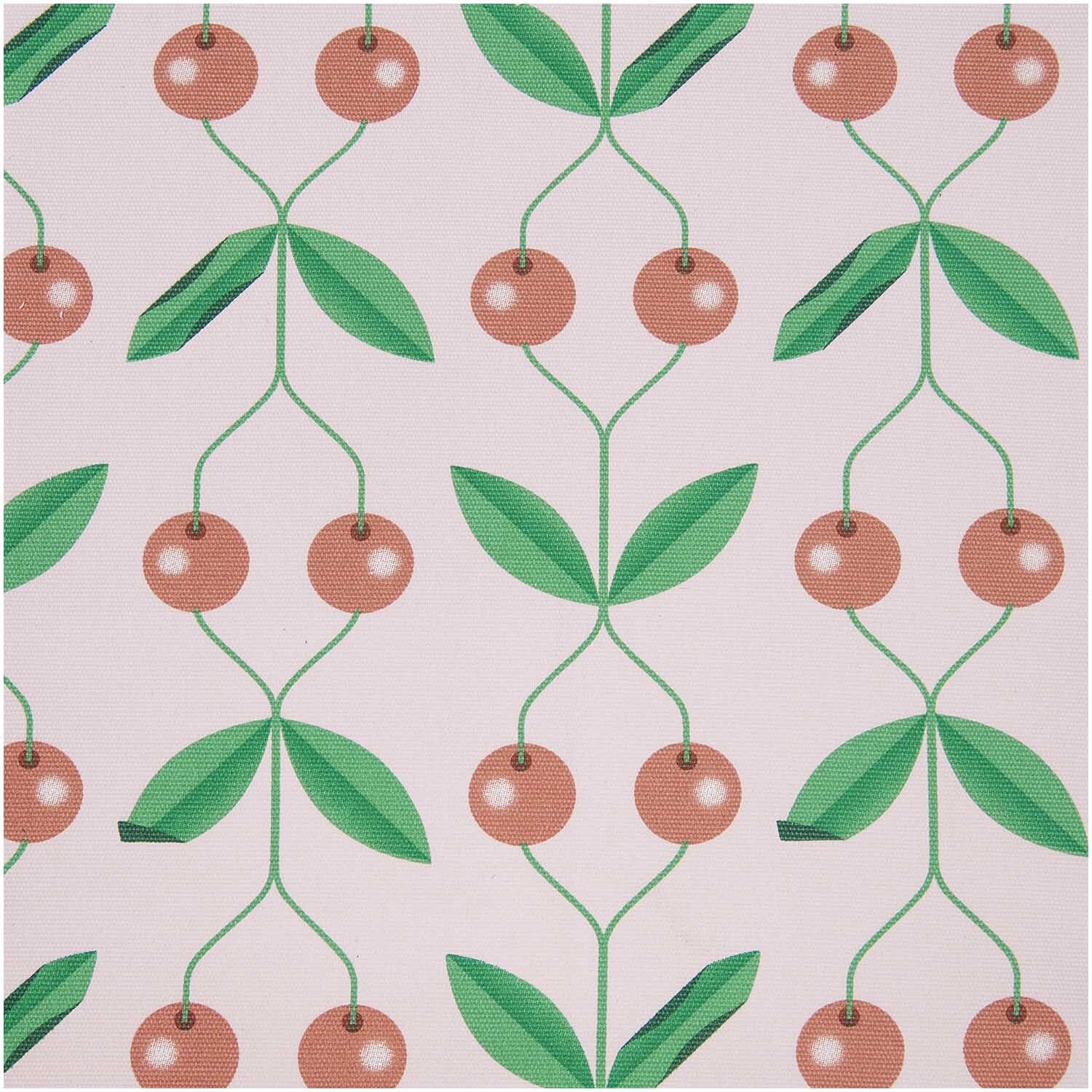 Stoffabschnitt Canvas Kirschen rosa mit grünem Blattmuster von Rico Design, ideal für kreative Projekte.