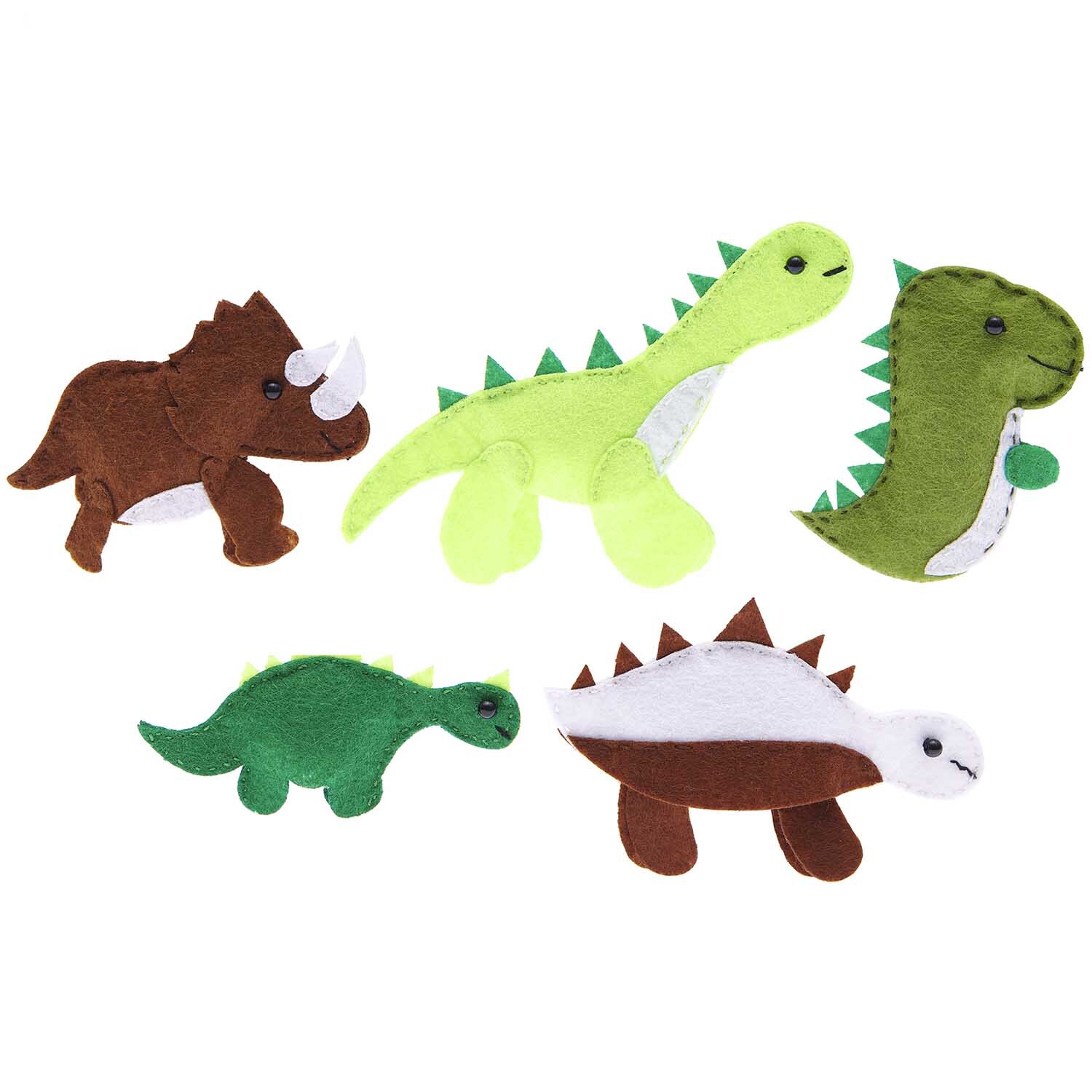 Bastelset Filz Fingerpuppen Dinosaurier 5 Stück von Rico Design zeigt bunte Dinosaurier-Fingerpuppen aus Filz in verschiedenen Formen und Farben.
