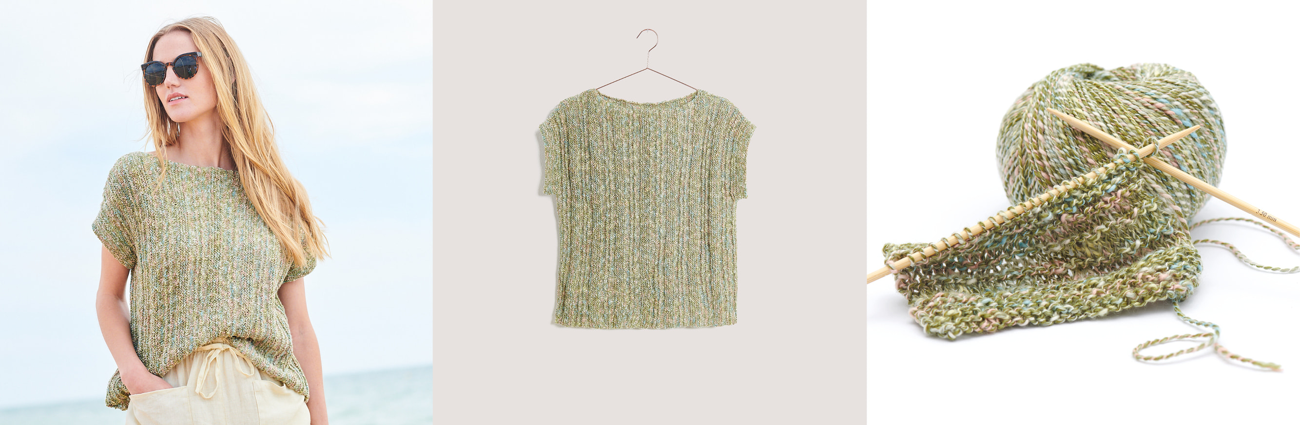Gestricktes Shirt Modell 26 aus Lovewool No. 18 getragen am Model und auf einem Kleiderbügel. Daneben ein Garnknäuel mit grünem Farbverlauf und Strickstück auf Stricknadeln