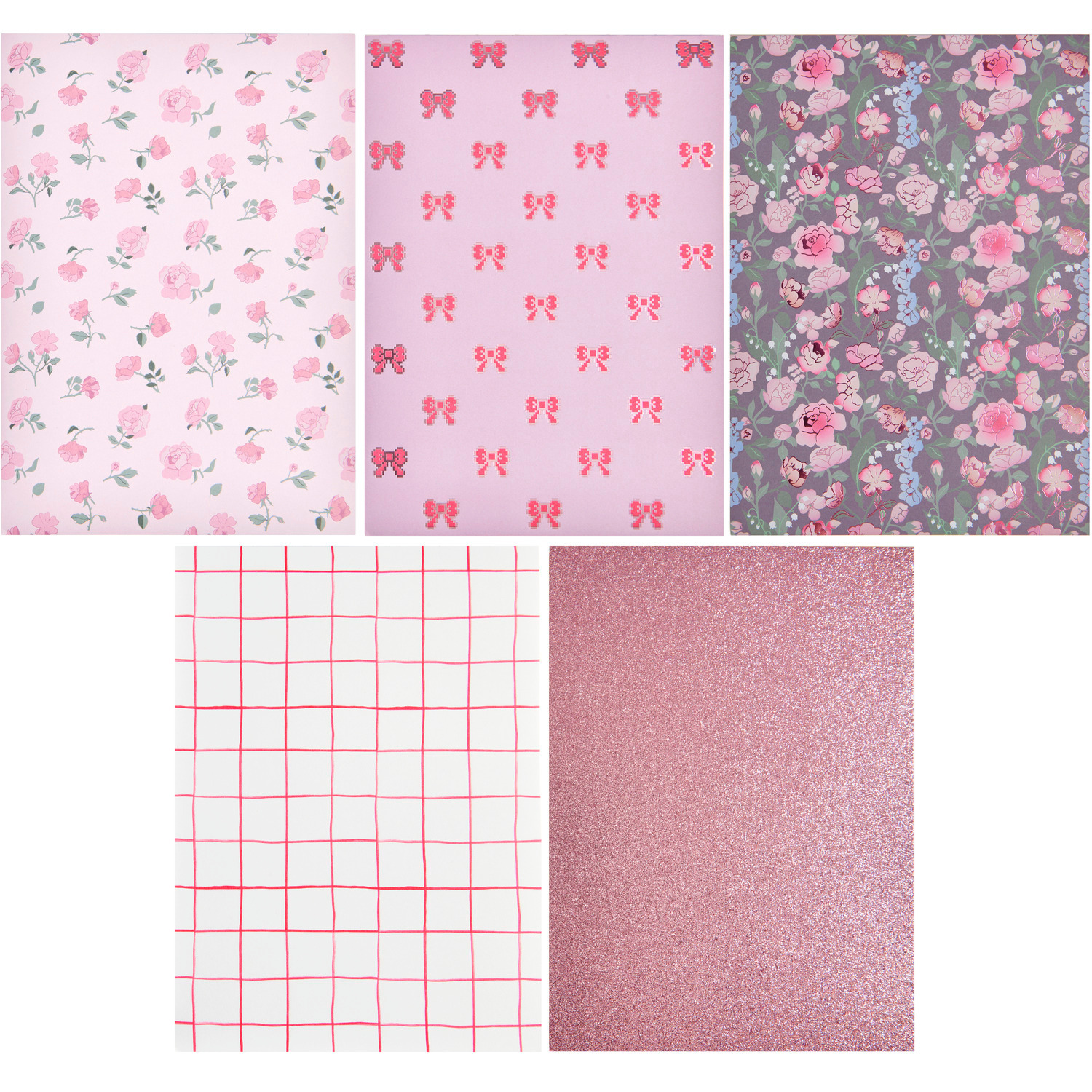 Paper Poetry Motivpapierblock La Vie En Rose: Fünf Designs in Rosa und Pink, ideal für kreative Projekte. Enthält florale und geometrische Muster.