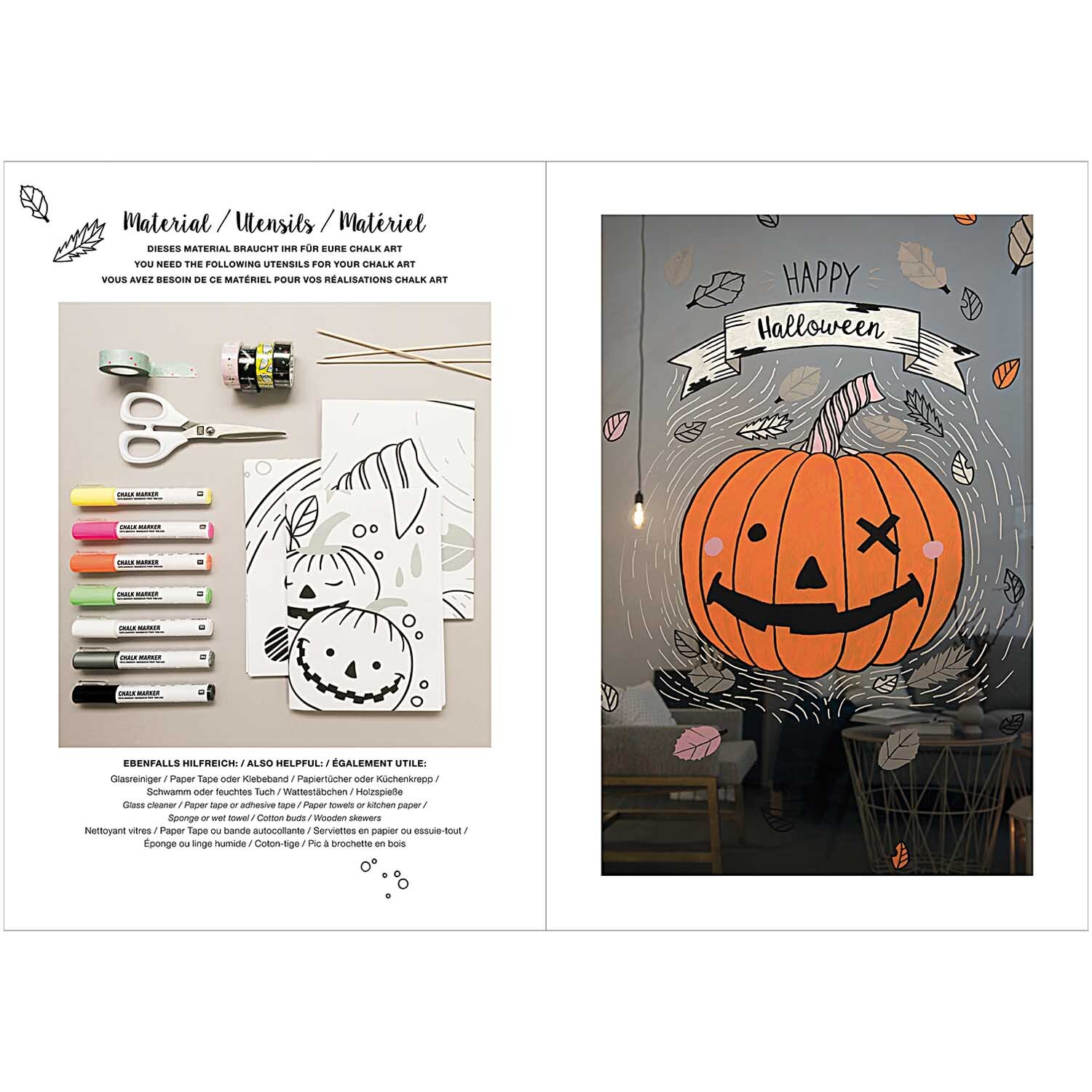 Vorlagenmappe Halloween Fenster- und Glasmalerei mit Kreidestiften zeigt eine bemalte Kürbiszeichnung auf Glas mit Kreidestiften von Rico Design.