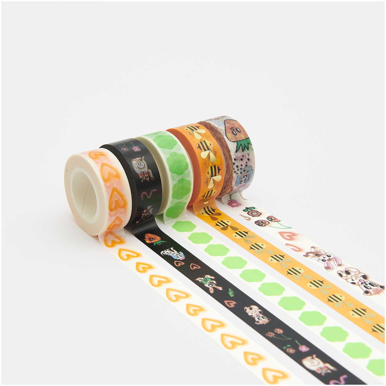Paper Poetry Tape Set Airbrush 15mm 10m, 5-teilig, zeigt bunte Muster auf Klebebändern von Rico Design. Ideal für kreative Projekte.