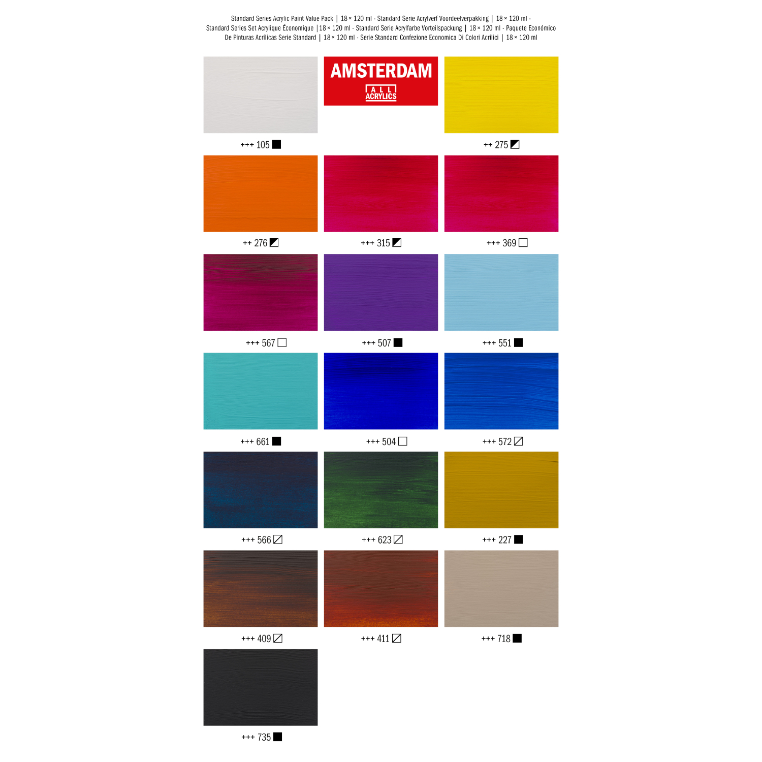 Vorteilspackung 18 x 120 ml: Farbpalette mit 18 leuchtenden Acrylfarben von AMSTERDAM.