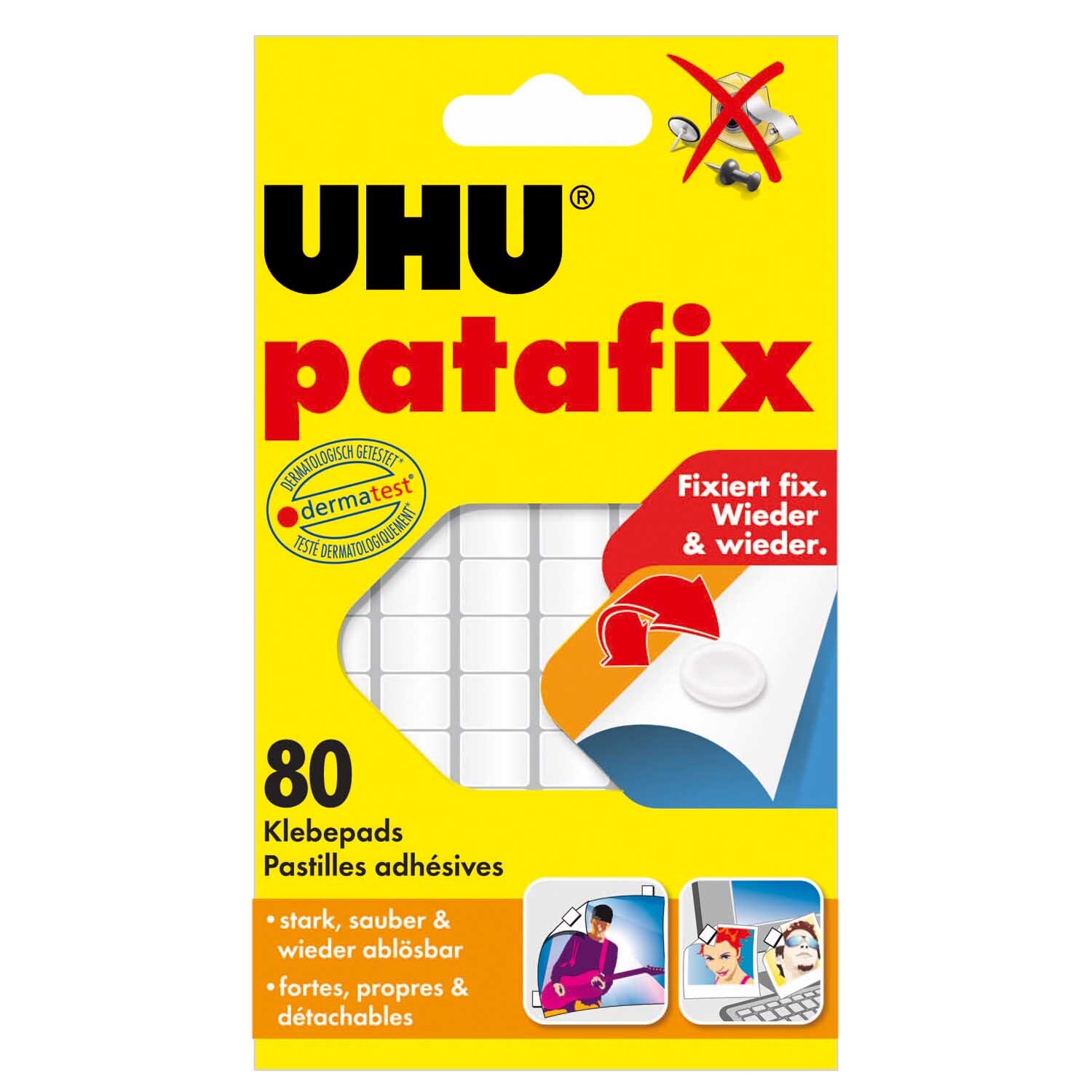 patafix 80 Klebepads von UHU in gelber Verpackung, ideal zum sauberen und wieder ablösbaren Befestigen.