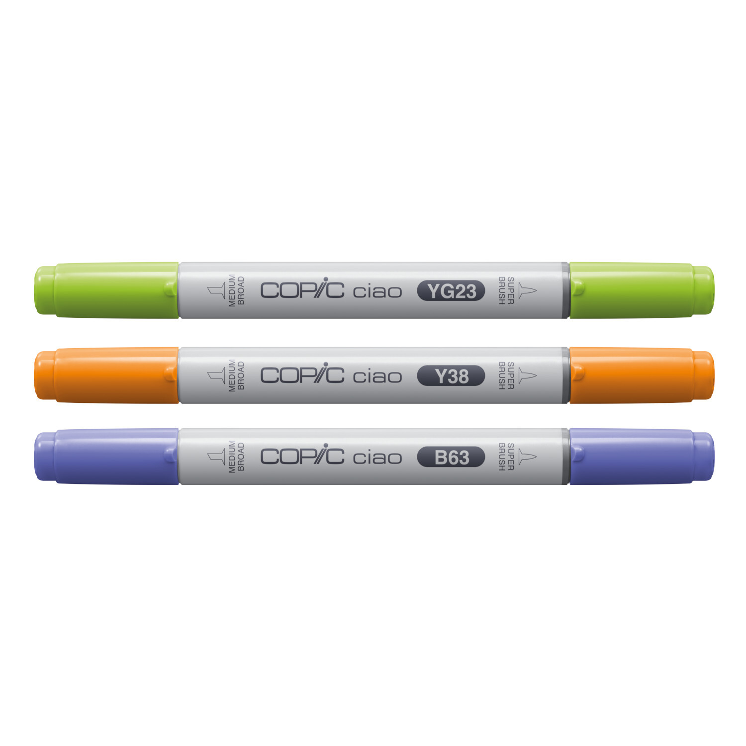 Marker Set Ciao Layer & Mix Botanic Palette 3 Stück mit grünen, orangefarbenen und blauen Copic-Stiften, ideal zum Schichten und Mischen.
