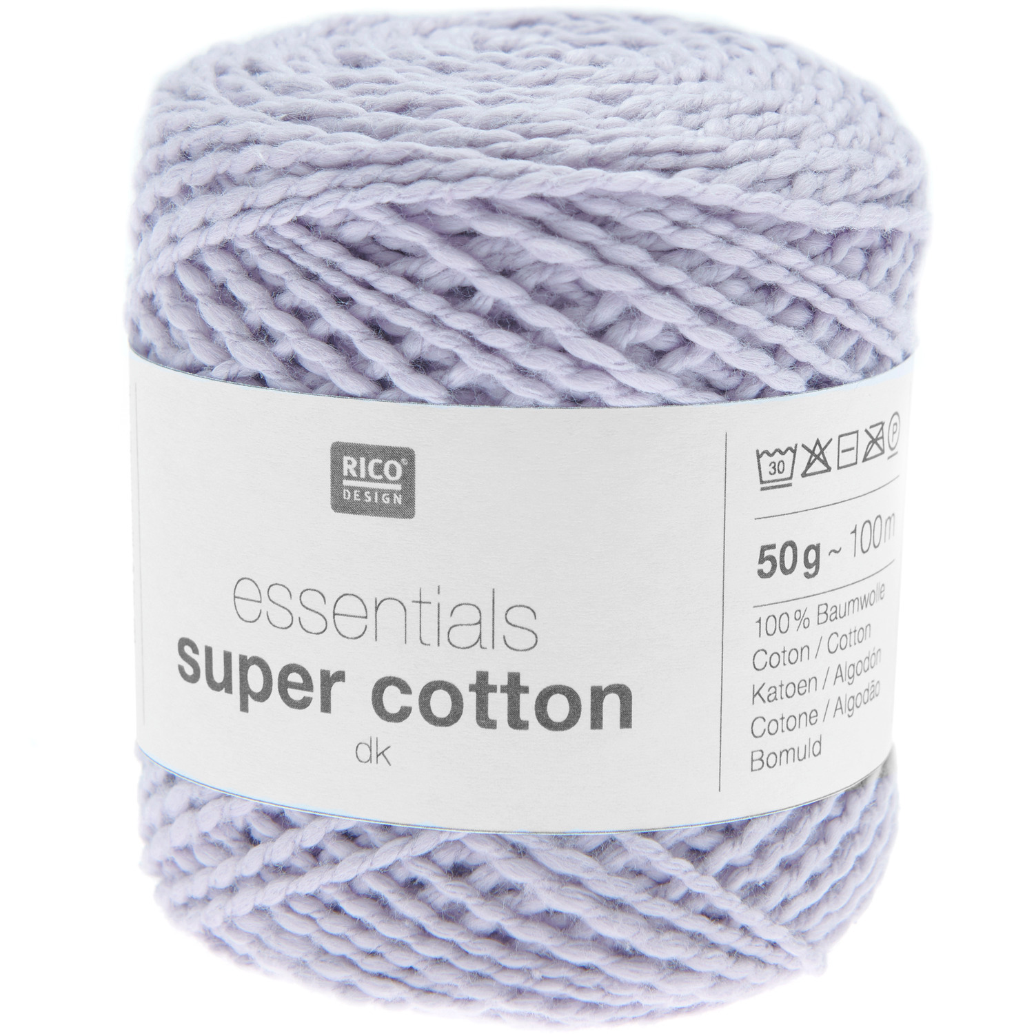 Essentials Super Cotton dk Häkelset zeigt eine stilvolle Tasche in Flieder von Rico Design, ideal für kreative Projekte.
