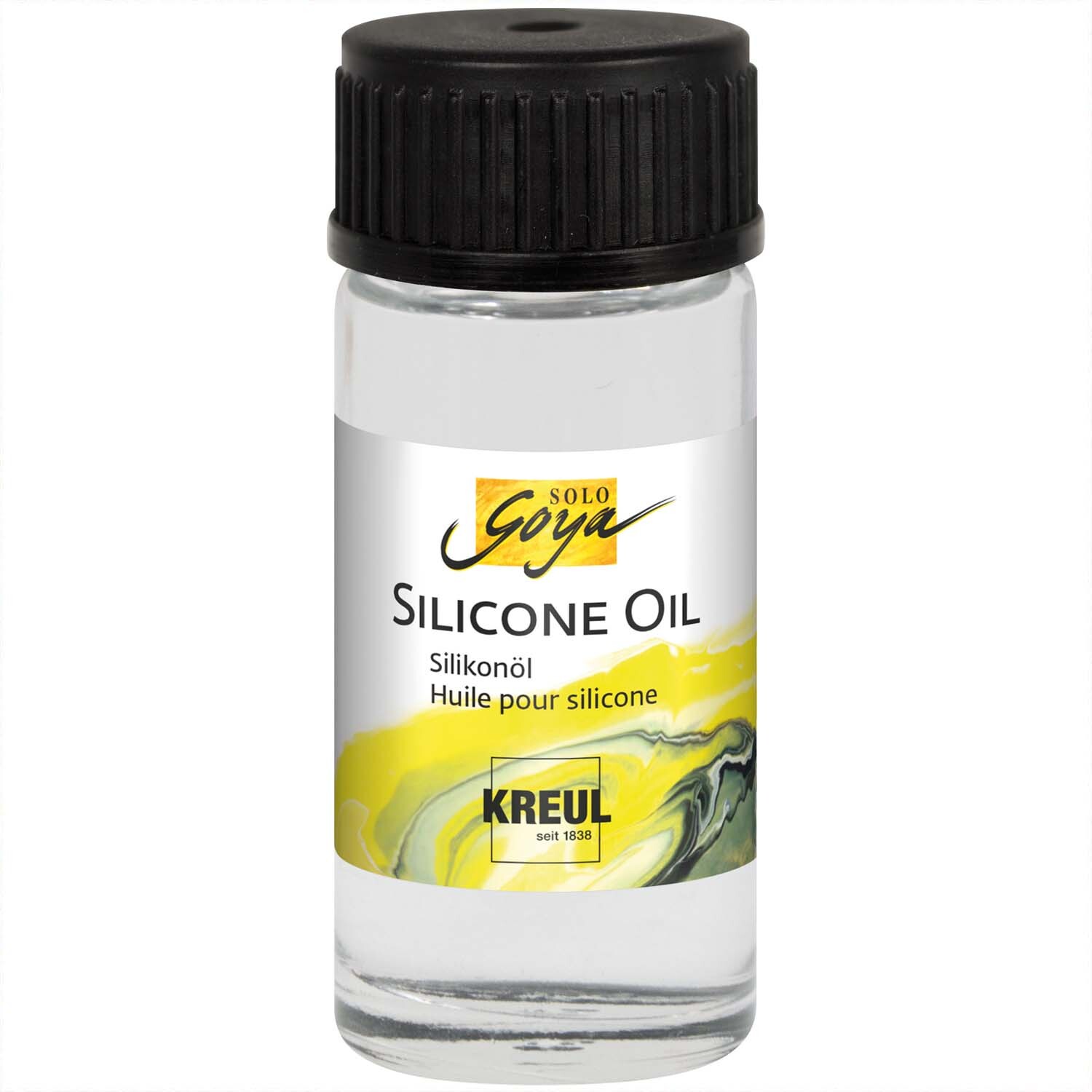 Solo Goya Silikonöl 20ml von KREUL in einer transparenten Flasche mit schwarzem Deckel.