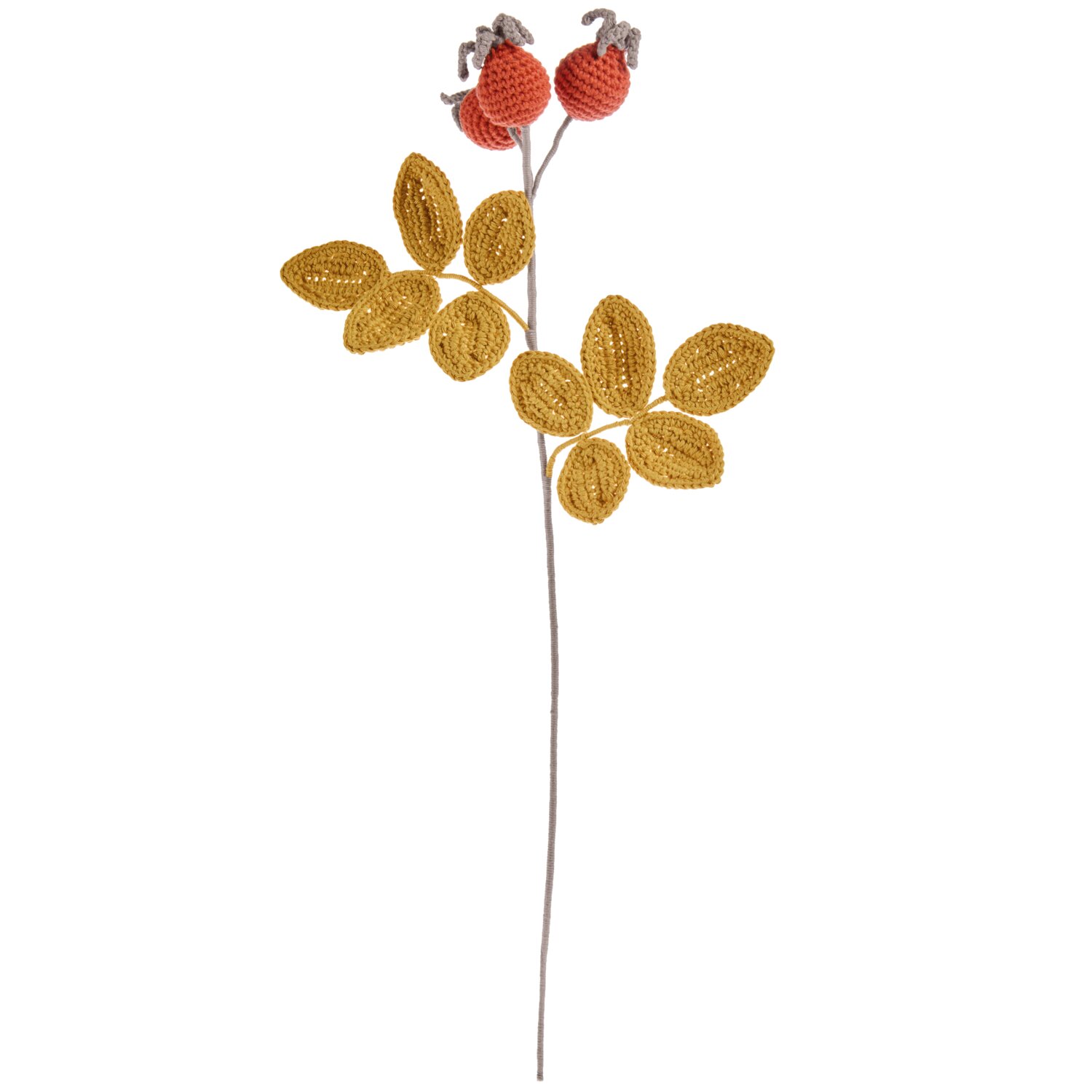 Ricorumi In the Meadow, gehäkelter Zweig mit senffarbenen Blättern und fuchsfarbenen Beerenfrüchten von Rico Design als dekoratives DIY-Element