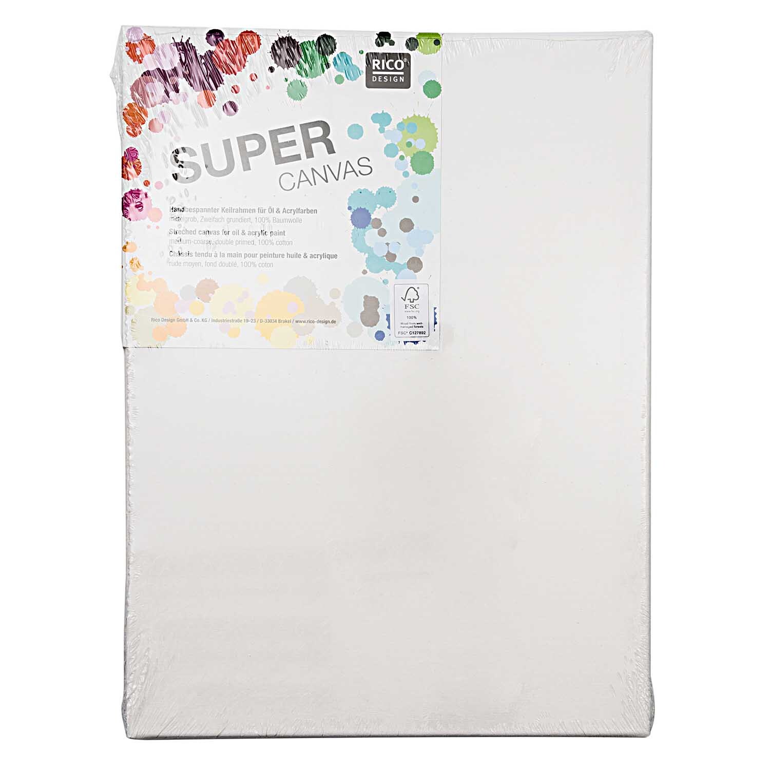 Super Canvas Keilrahmen von Rico Design, weiß, mit buntem Etikett und abstrakten Farbmuster.