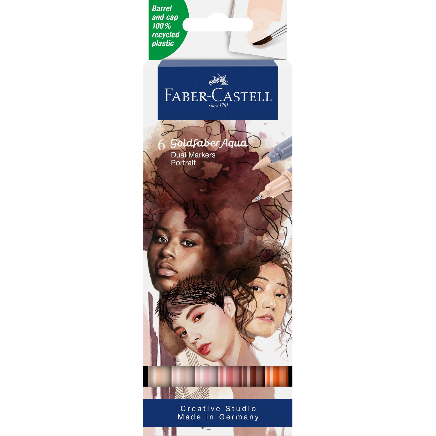 Goldfaber Aqua Dual Marker Portrait Set, 6-teilig, von Faber Castell. Enthält diverse Hauttöne. Verpackung zeigt Porträts und ist aus recyceltem Plastik.