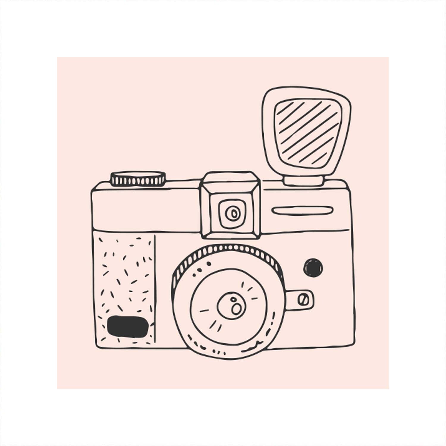 Stempel Fotoapparat 45x45mm: Illustration einer Kamera auf rosa Hintergrund, Marke May&Berry. Ideal für kreative Projekte.