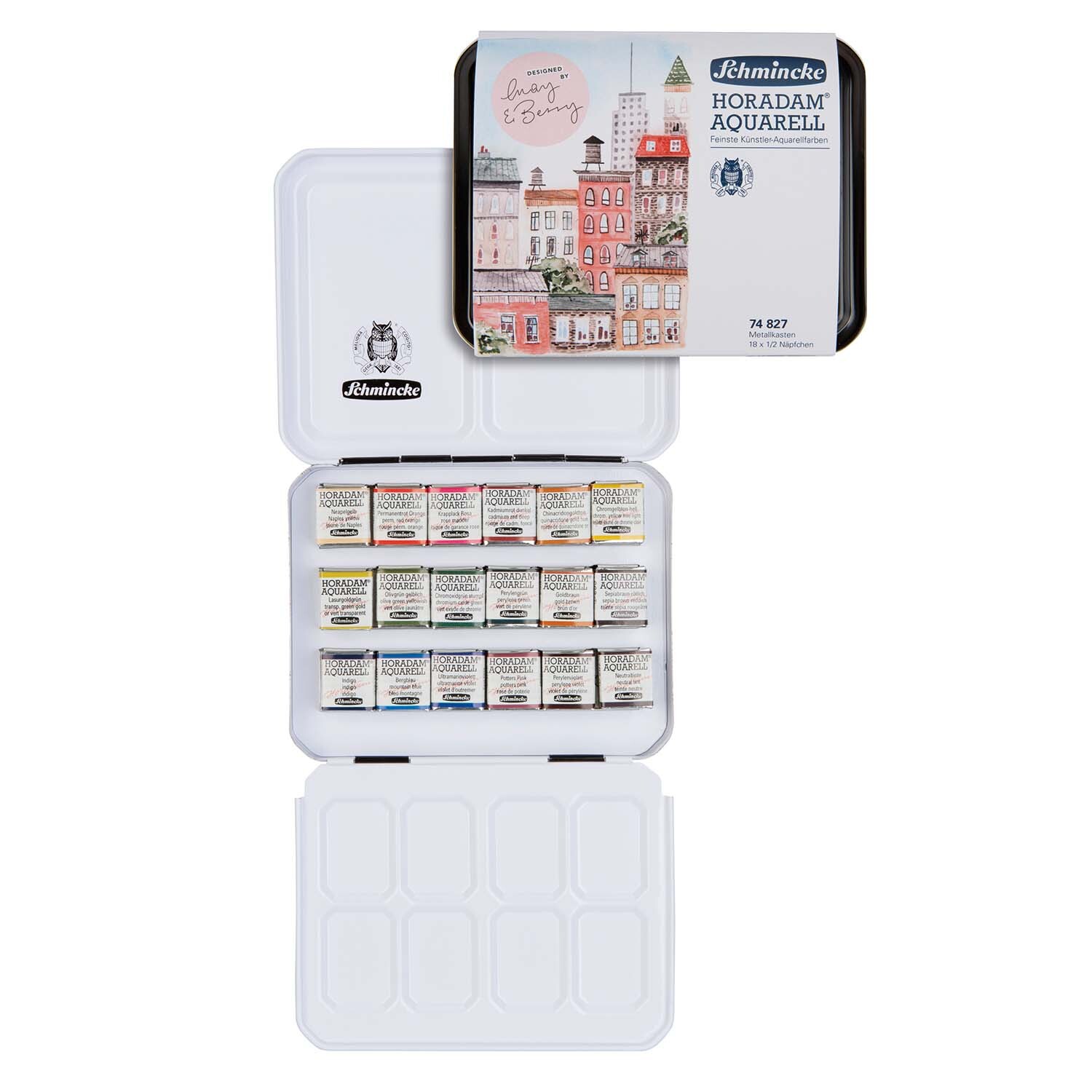 Schmincke Horadam Aquarellkasten mit 18 halben Näpfen, geöffnet, zeigt bunte Aquarellfarben. Marke: May&Berry. Ideal für Künstler.