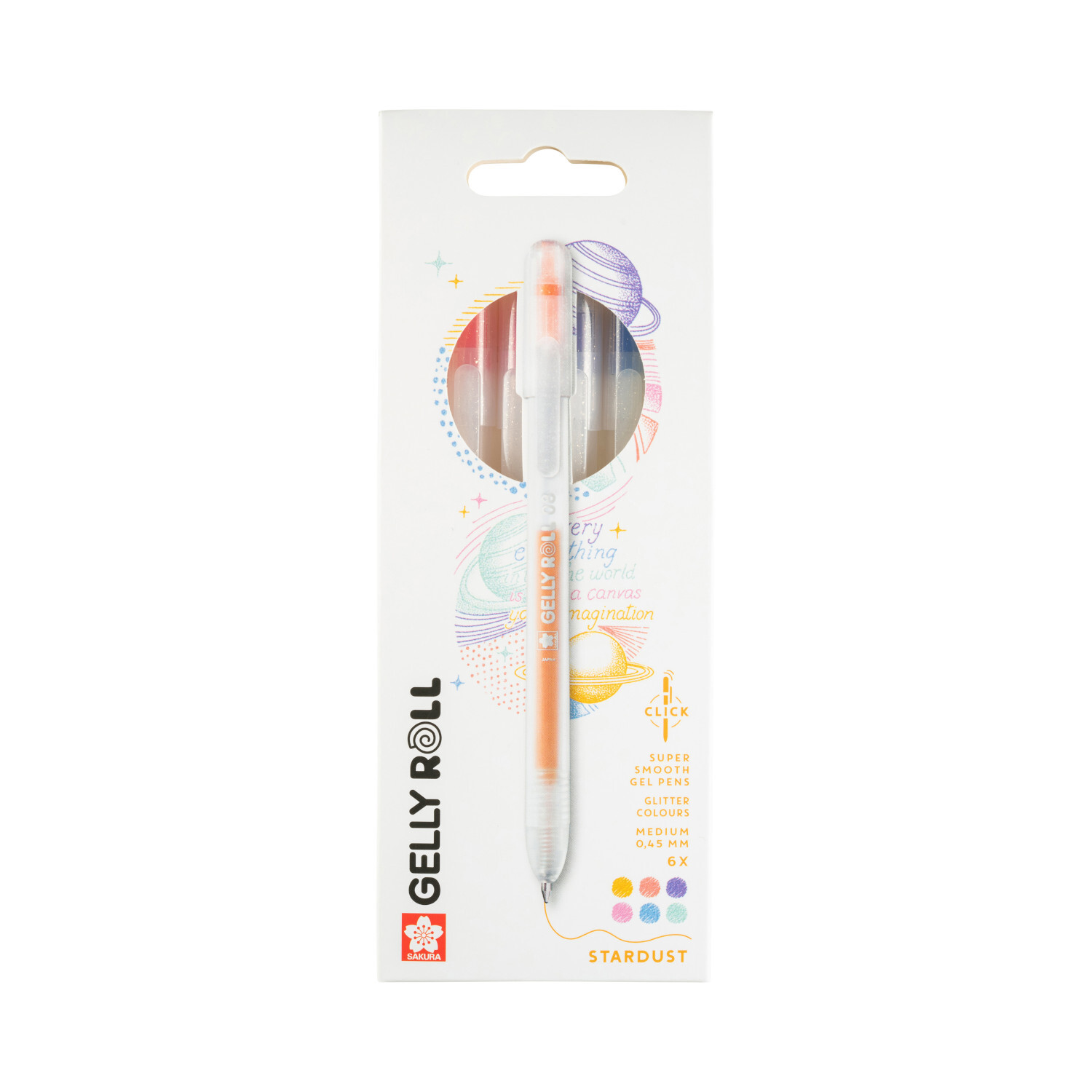 Gelly Roll Retractable Set Stardust, 6 Stück von SAKURA, in bunter Verpackung mit Planetenmotiv.