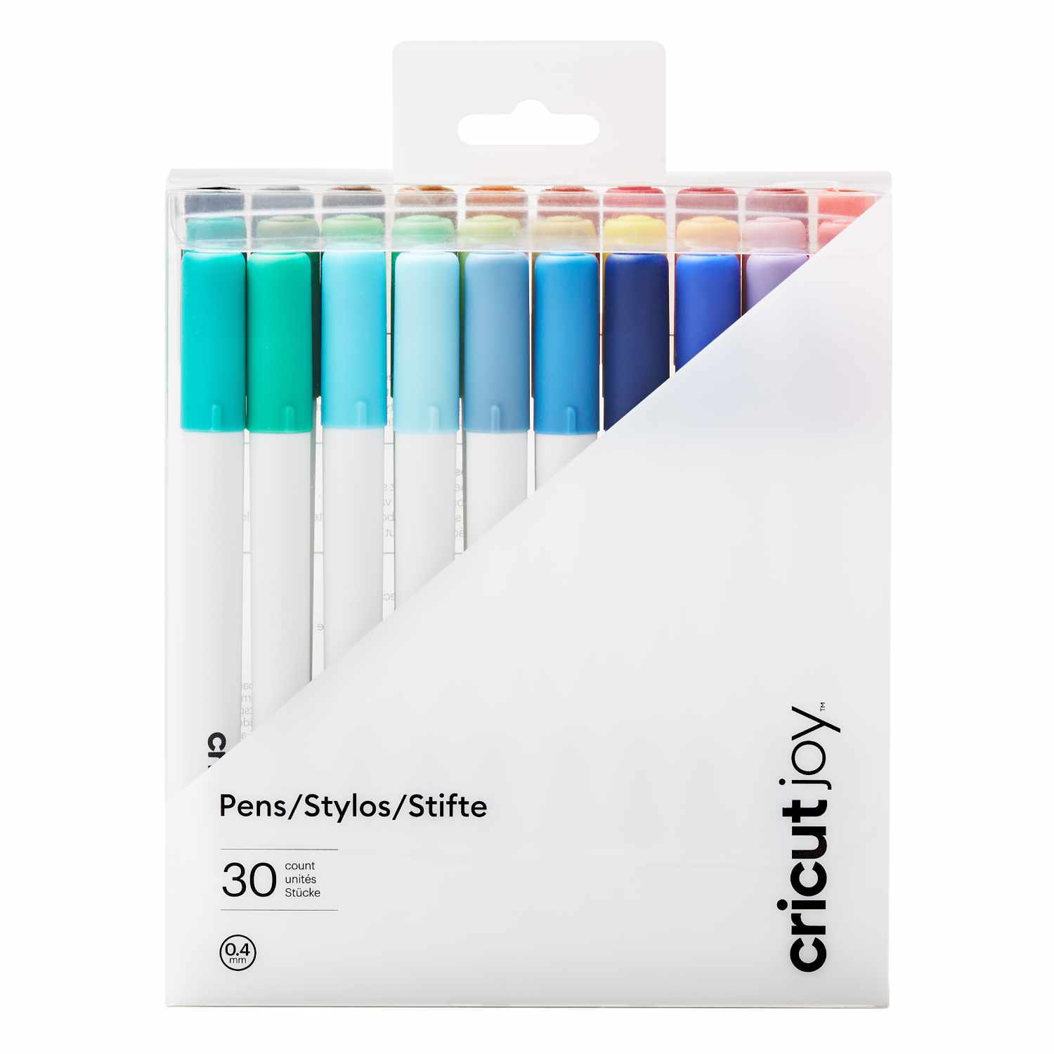 Joy Stifteset Ultimate 0,4mm 30 Stück zeigt bunte Stifte in einer transparenten Verpackung von Cricut. Ideal für kreative Projekte.