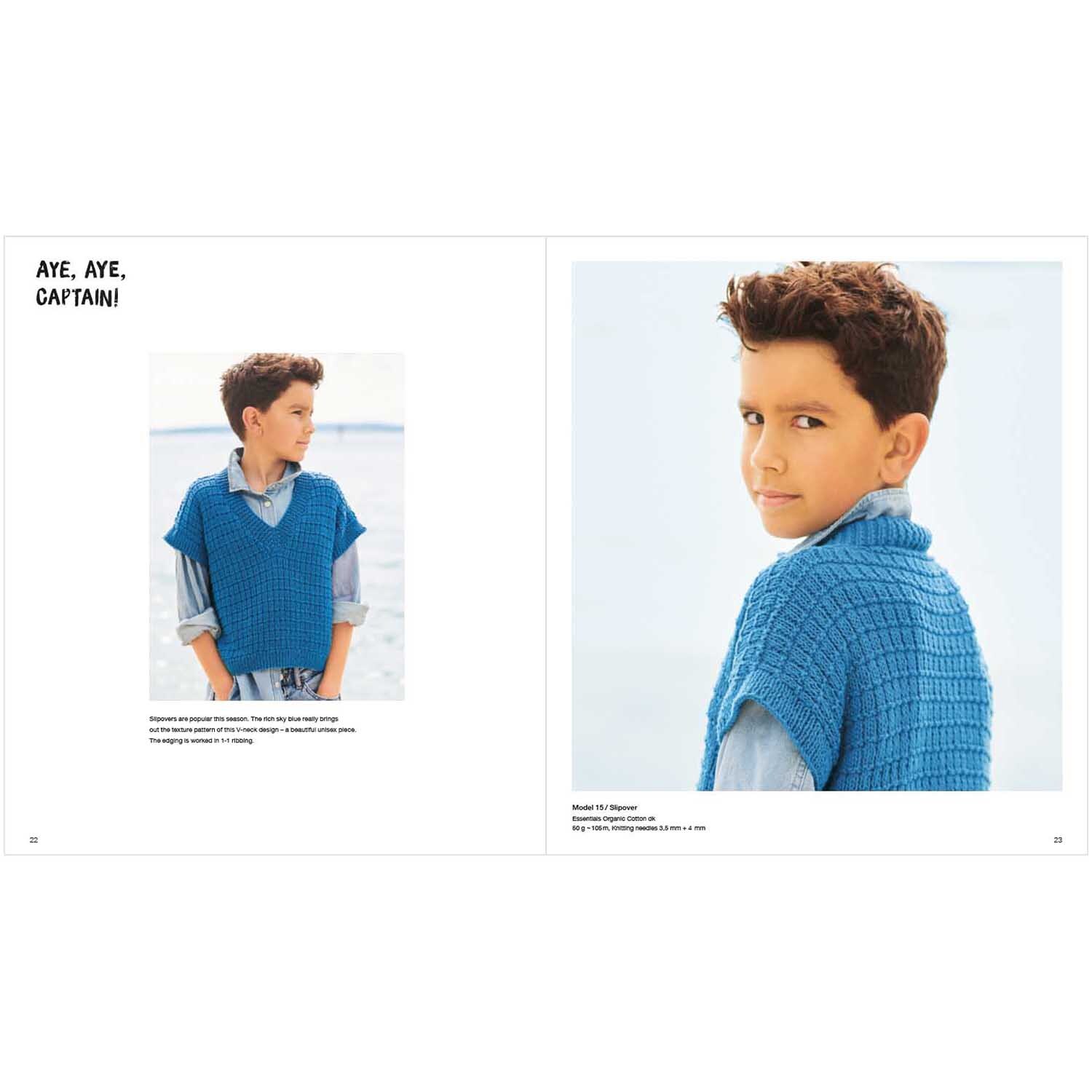 Kids Nr.10: Junge trägt einen blauen Strickpullover von Rico Design am Strand, schaut zur Seite.