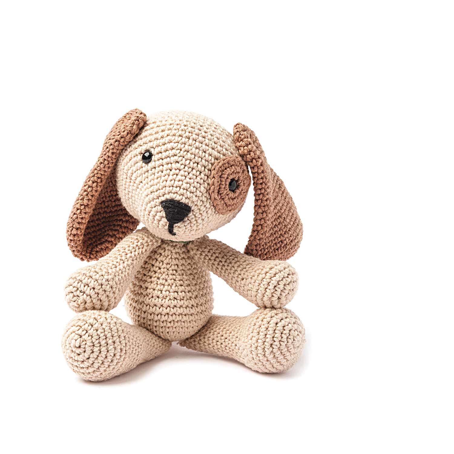 Knöpfe braun-schwarz 5mm 4 Stück mit Steg von Rico Design. Gehäkelter Hund mit langen Ohren und Knopfaugen. Ideal für DIY-Projekte.