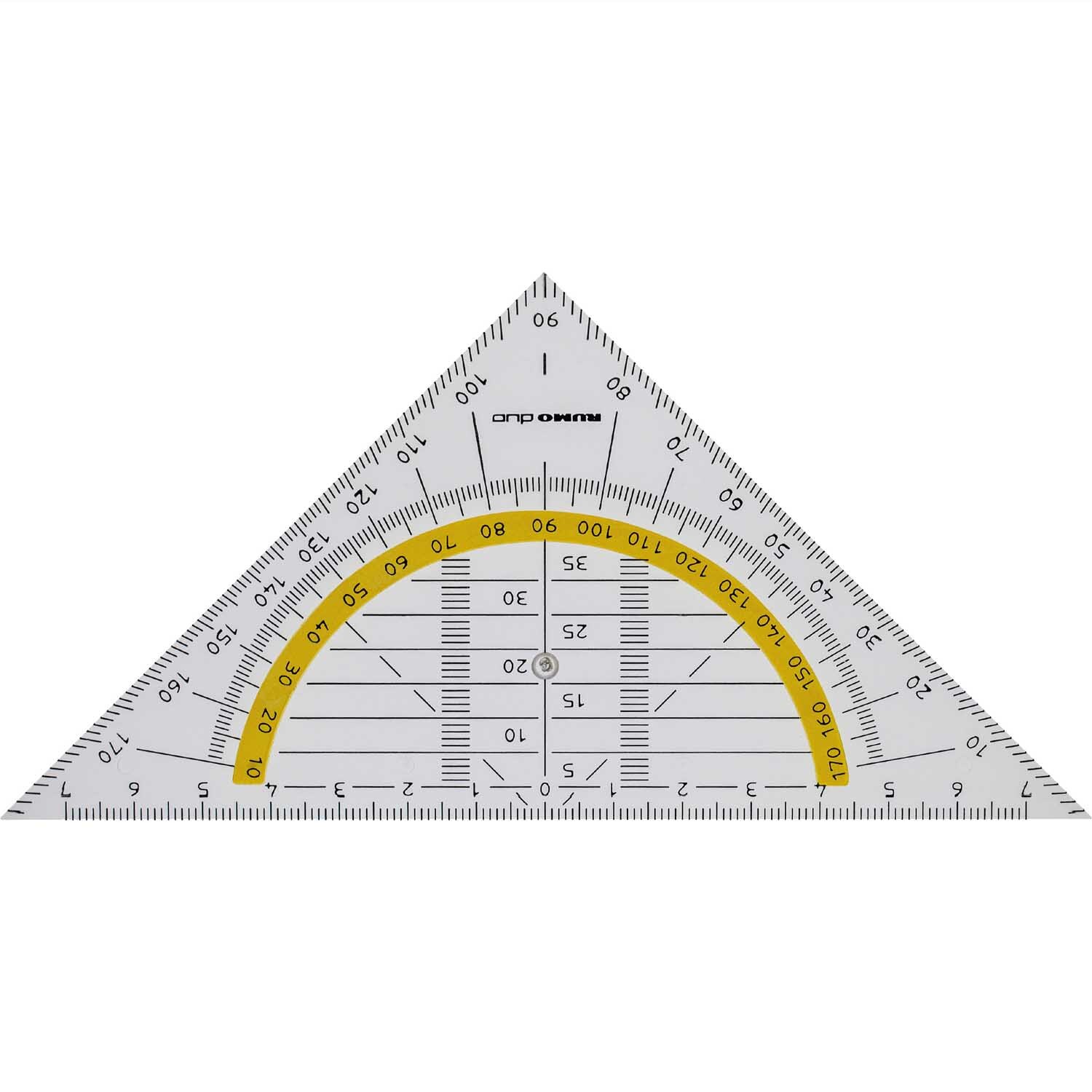 Geodreieck 16cm: Transparentes Dreieck von RUMOLD mit gelbem Winkelmesser, ideal für präzises Zeichnen.