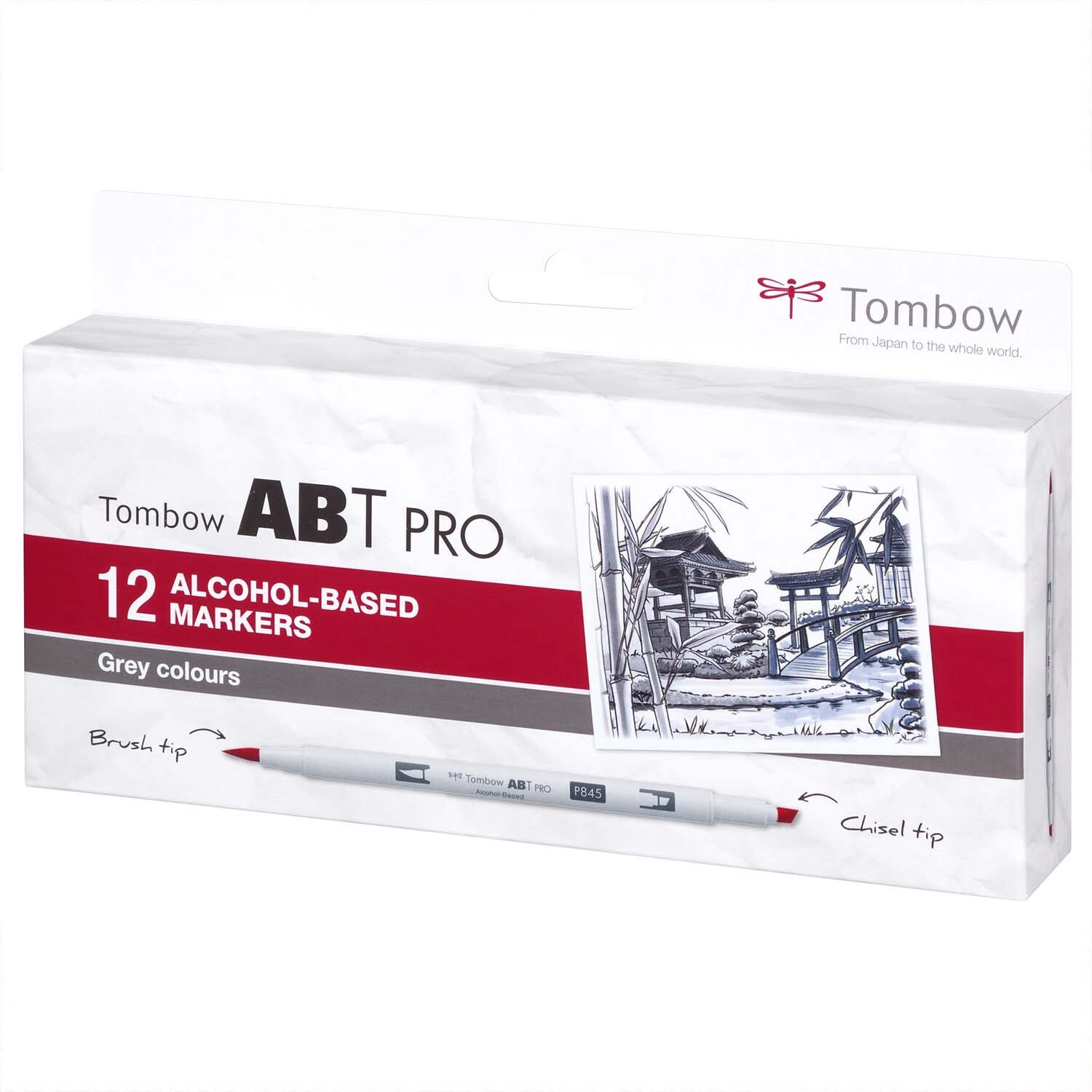 ABT PRO Grey Colours Alkoholbasierte Marker, 12-teilig, von Tombow, in grauer Verpackung mit Pinsel- und Meißelspitze.